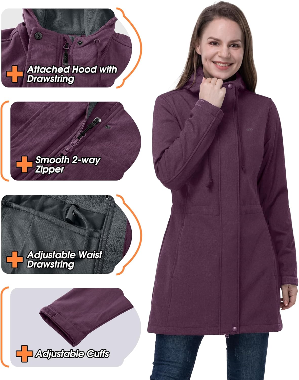 33,000ft Women's Softshell Long Jacket with Hood Fleece Lined Windproof Warm up Waterproof Windbreaker - Image 4