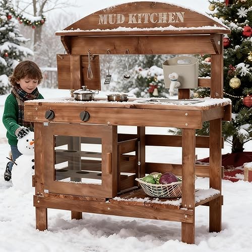 Miniatura 7 de Cocina de barro para niños al aire libre, cocina de juego de madera con accesorios para niños, juego de cocina con fregadero, grifo, sala de