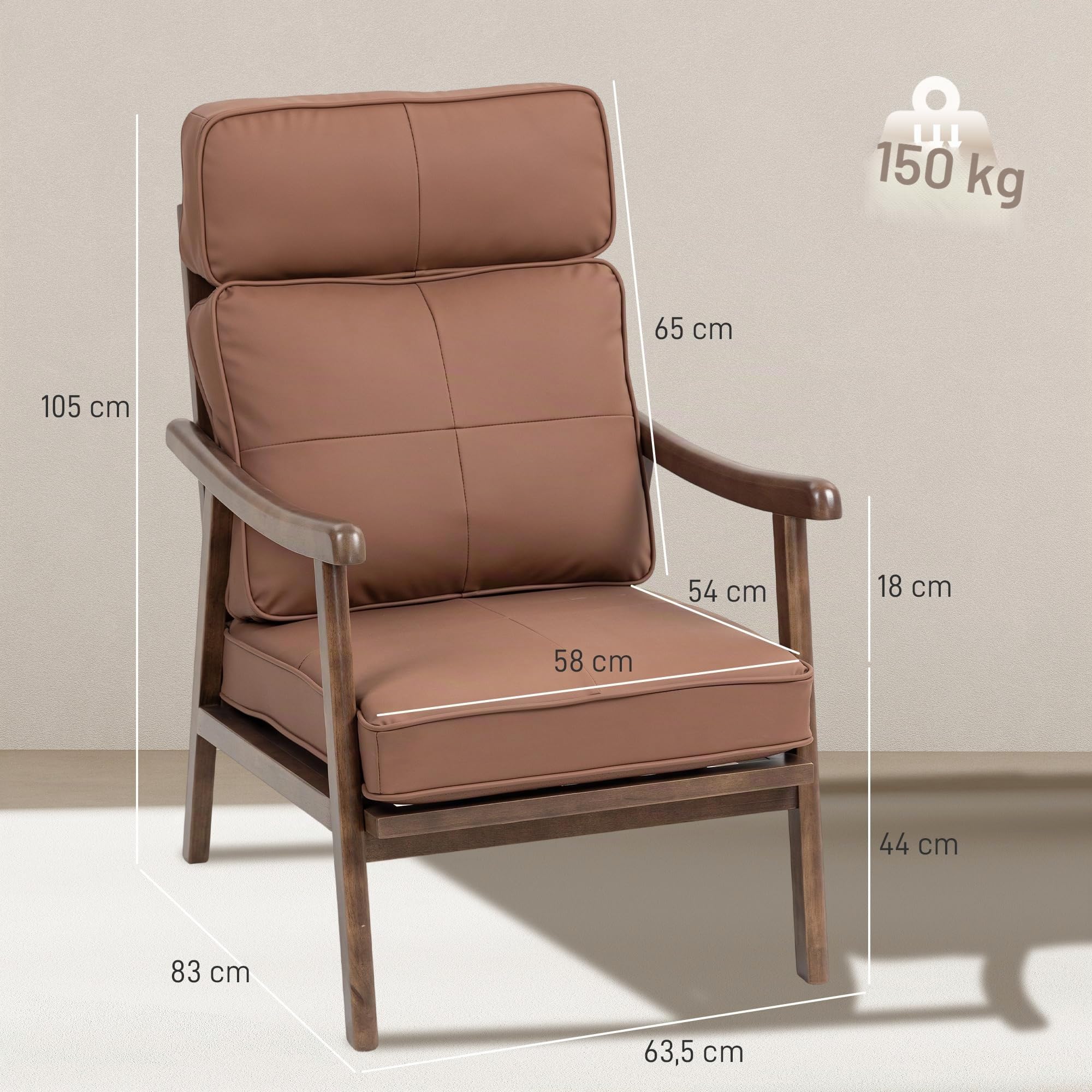 HOMCOM Fauteuil de salon Fauteuil de salon en PU avec structure en bois Coussins épais et rembourrés Dossier haut Charge 150 kg Fauteuil de lecture pour salon Chambre à coucher Marron et bois de noyer