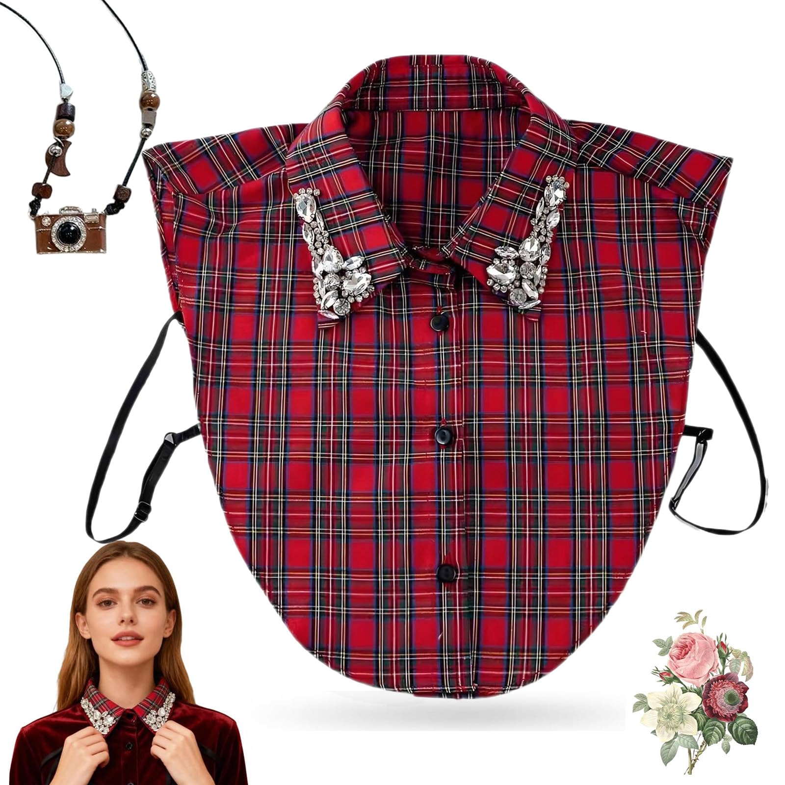Nnbwlmaee Women's Red Christmas Plaid Rhinestone Detachable Collar, Sparkling Plaid Collar, Classic Plaids Fake Collars For (Red)