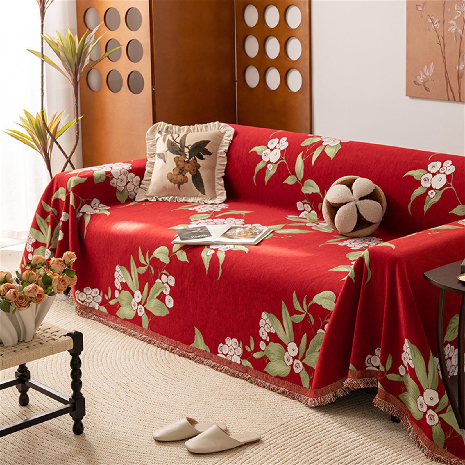 Coperta morbida con stampa floreale grande con frange per divano, letto e sedia, coperta decorativa da viaggio (180 x 260 cm, rossa), perfetta per divani a 1, 2, 3, 4 posti.