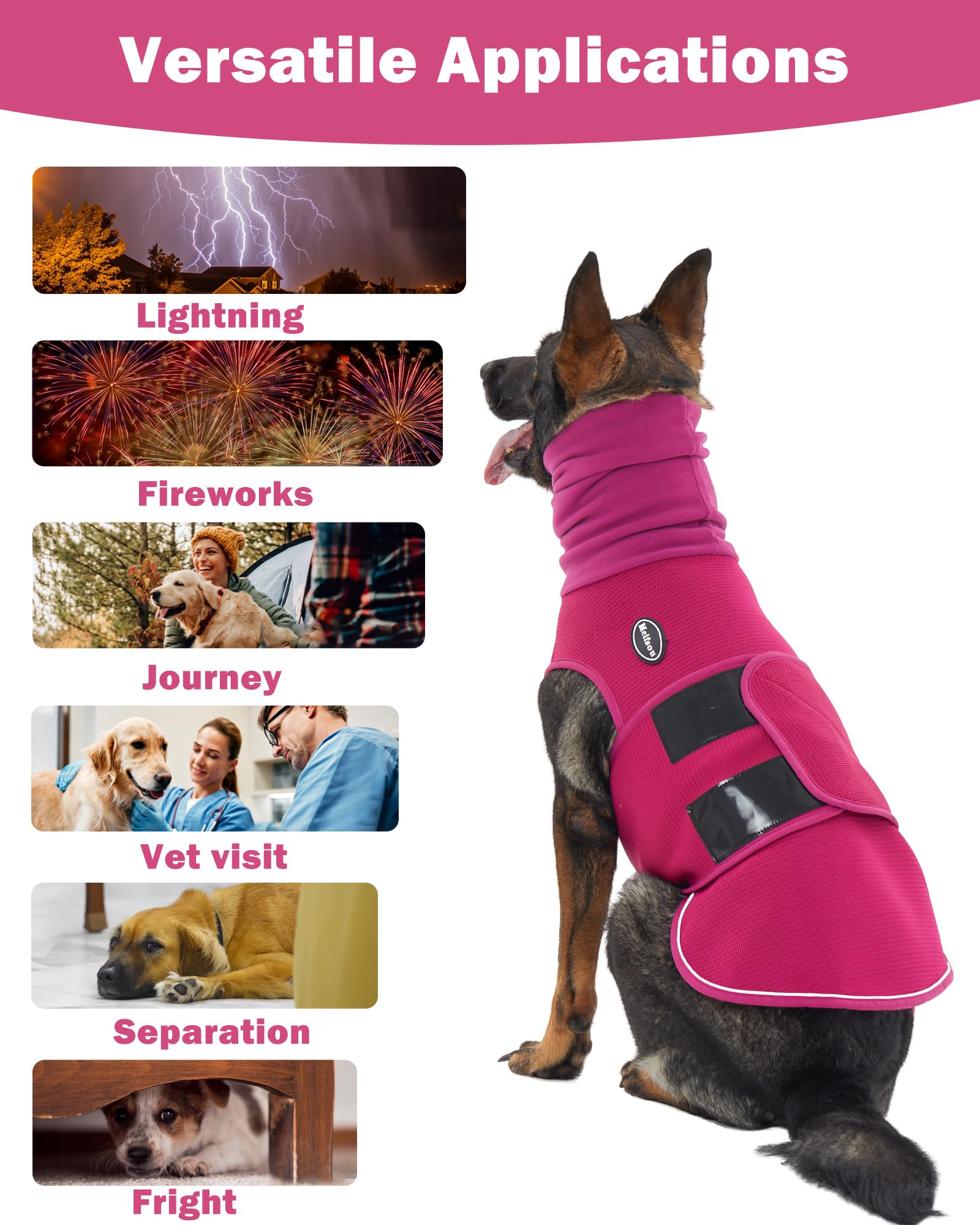 Meifsou Chaleco de ansiedad para perros con capucha, chaqueta de trueno respetuosa con la piel para perros, camisa calmante 2 en 1 con capucha para truenos, fuegos artificiales, separación, mantén a