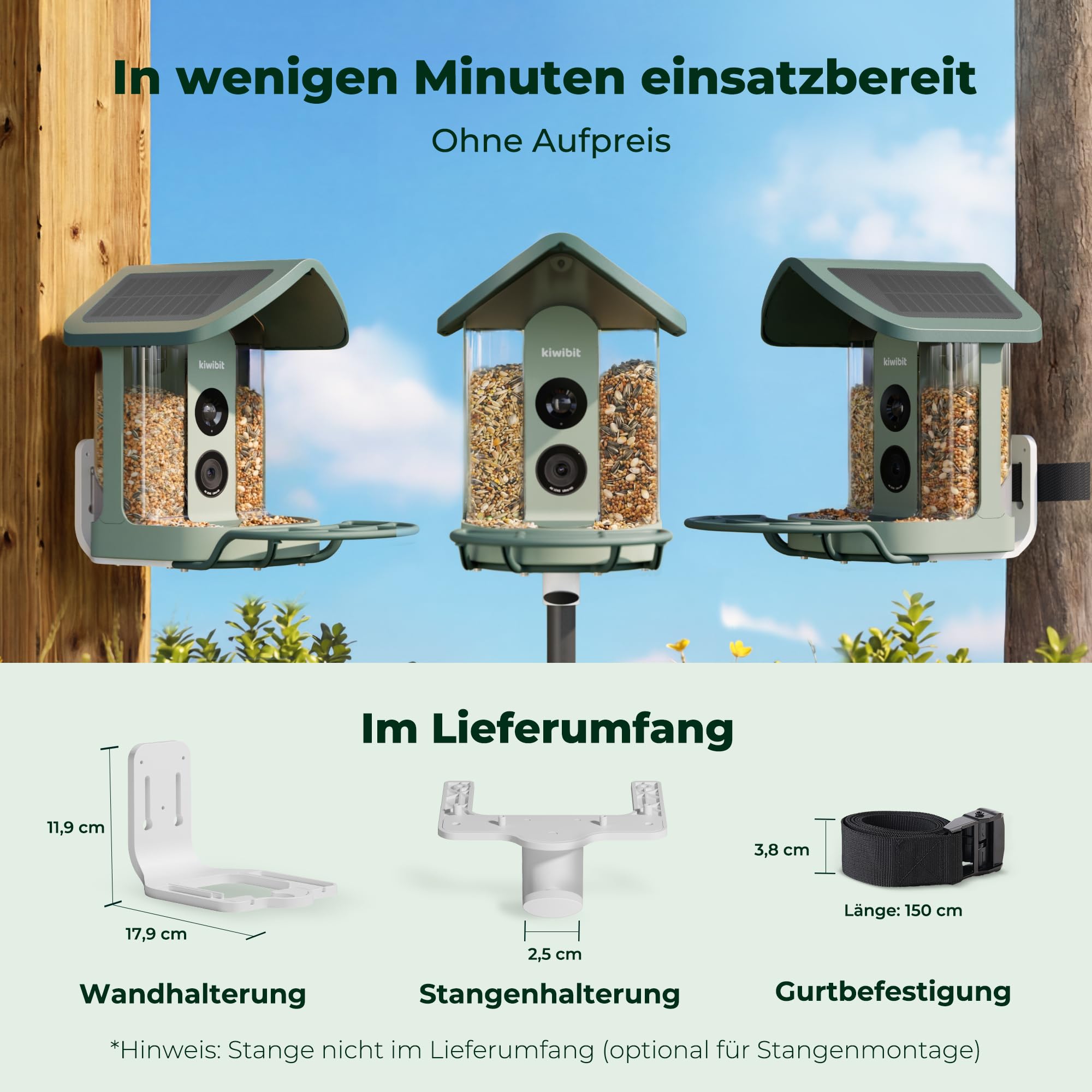 Kiwibit Smart Vogelhaus, 4K Kamera, KI-Erkennung, integriertes Solardach | 8MP Fotos, Live-Ansicht, KI-Vogelerkennung mit Kiwibit , Echtzeit-Alarm und Zwei-Wege-Audio