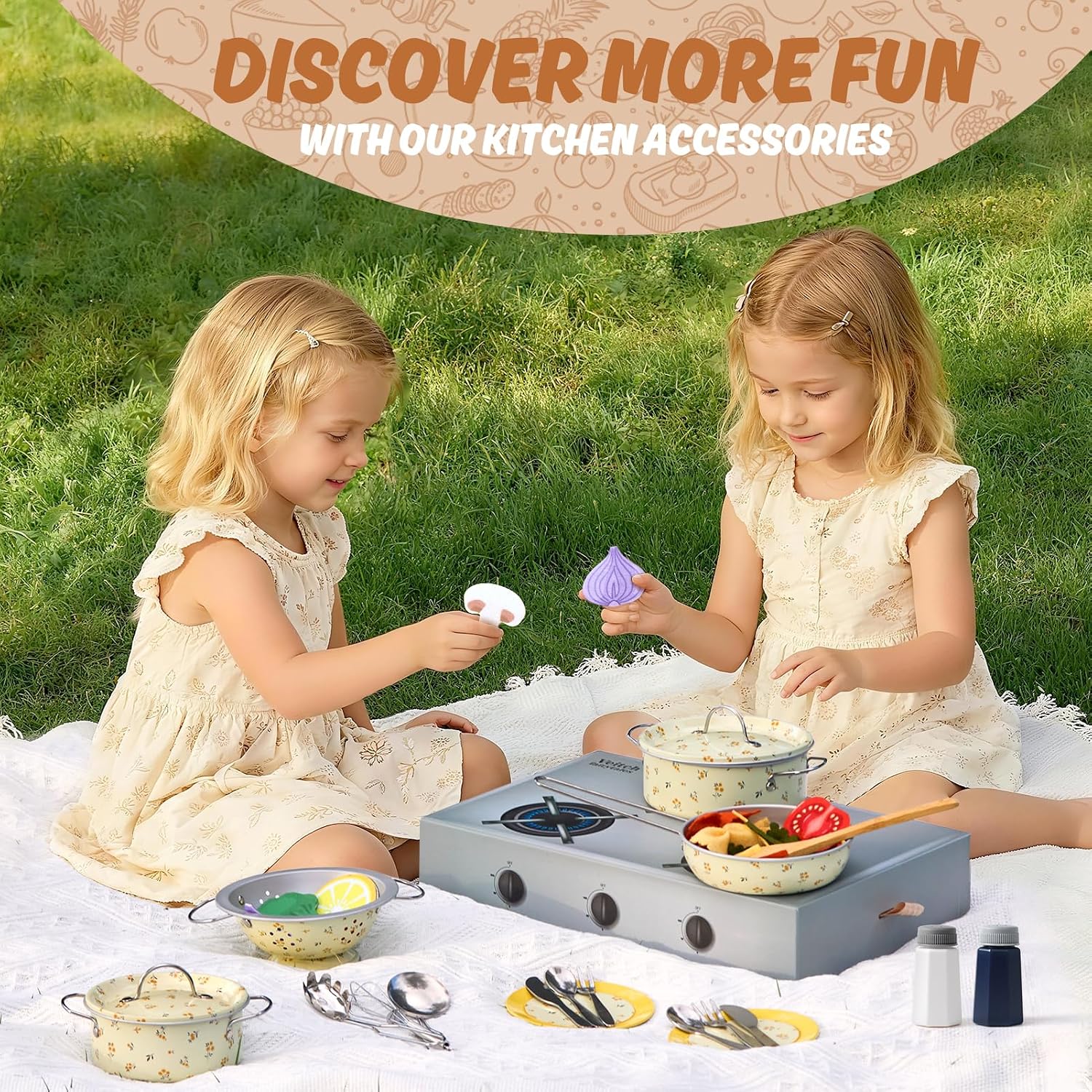 Kids Play Kitchen Toy Accessories Set Toddler Cooking Playset Vintage Colorful Flower Pots and Pans Play Foods Toy Gifts for 3 4 5 6 Year Old Girls Boys (Yellow)
