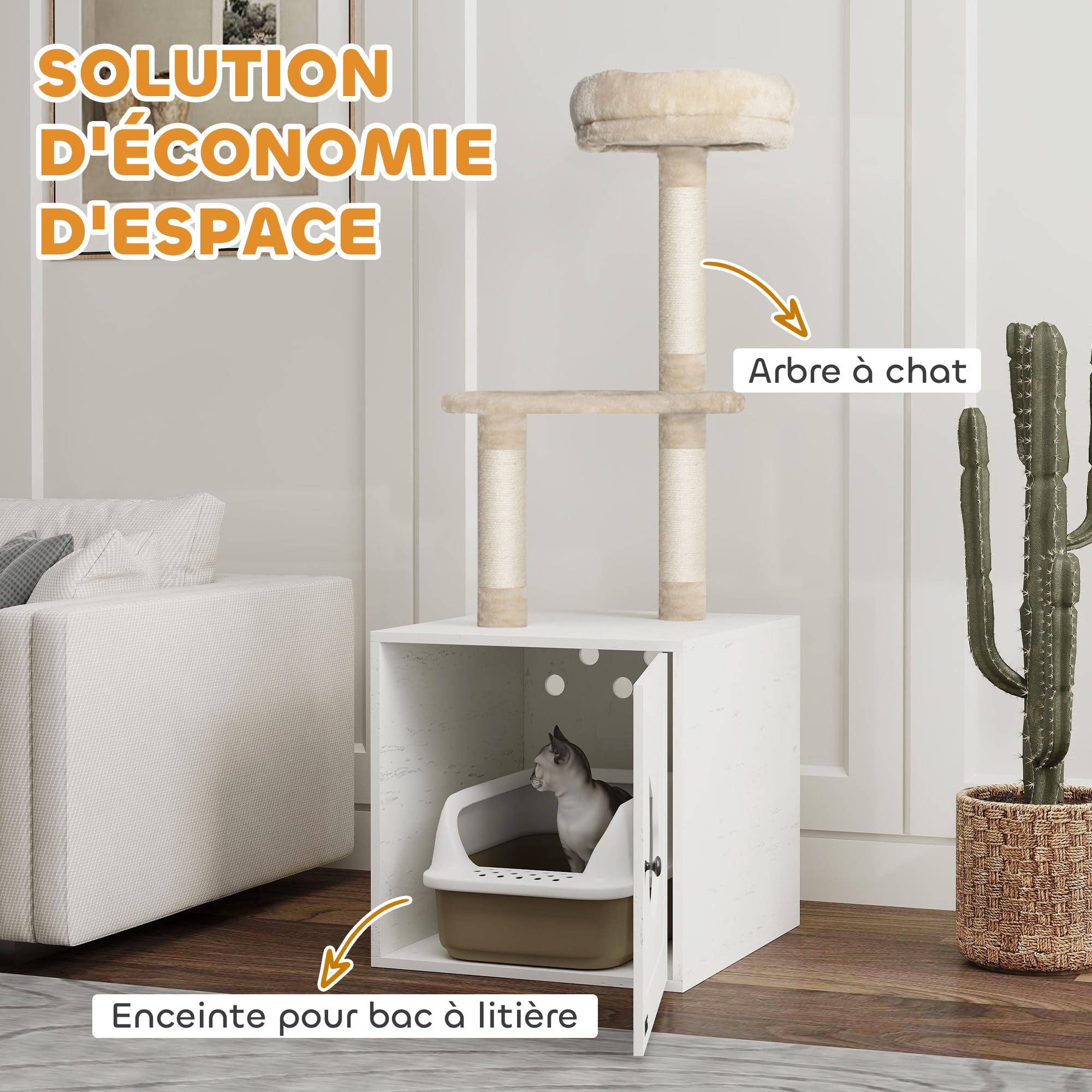 PawHut Tiragraffi per Gatti con casa di Servizi igienici, Torre di Gioco 2 in 1, Cuccia per Gatti da 129 cm con coprilettiera, Pali da graffiare, Piattaforma, Letto, Crema