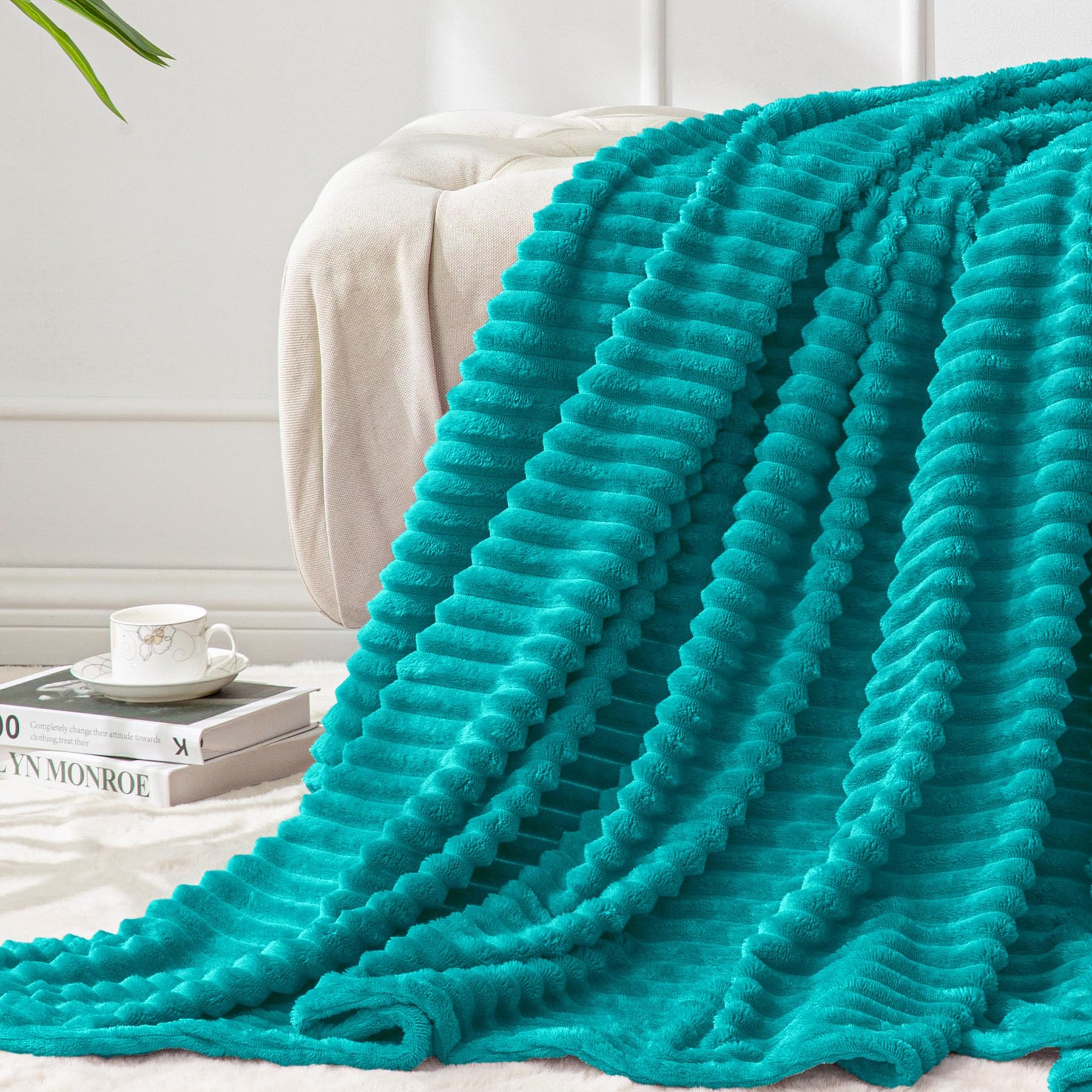 BEDELITE 3D Ribbed Ocean Blue Fleece Throw Blanket for Couch, 50x60 Inch | Soft Warm Decorative Fluffy Blanket, Cozy Plush Lightweight Fuzzy Throw Blanket for Bed Sofa Home Room Decor, Gift for Women