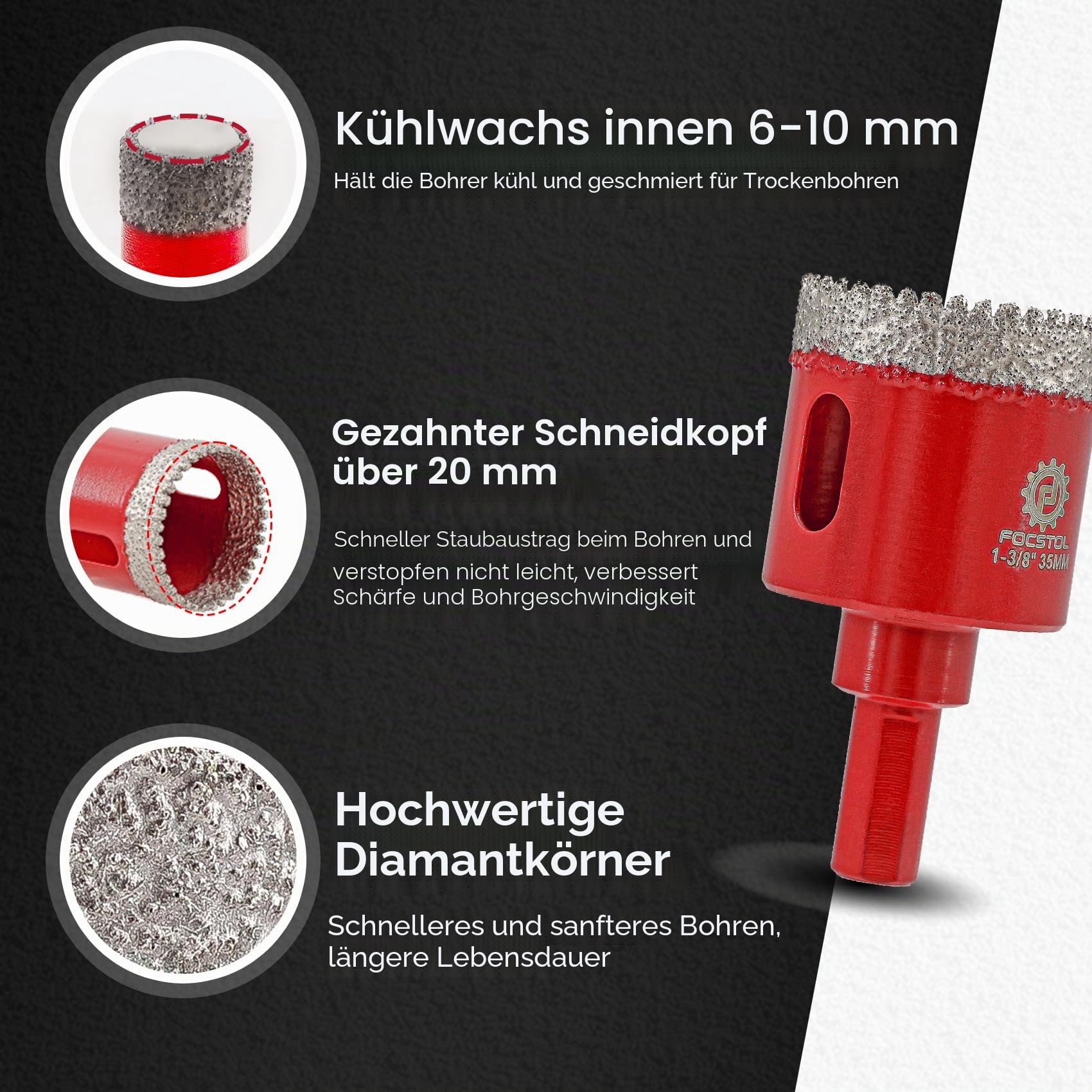 FOCSTOL Diamant Fliesenbohrer Set - 8 Stück (6/8/10/20/35mm+20mm Fingerfräser+35mm Fasenbohrer+6mm Hartmetallbohrer) Diamant Lochsäge Set mit DreikantSchaft für Porzellan Keramik Fliesen Marmor Granit
