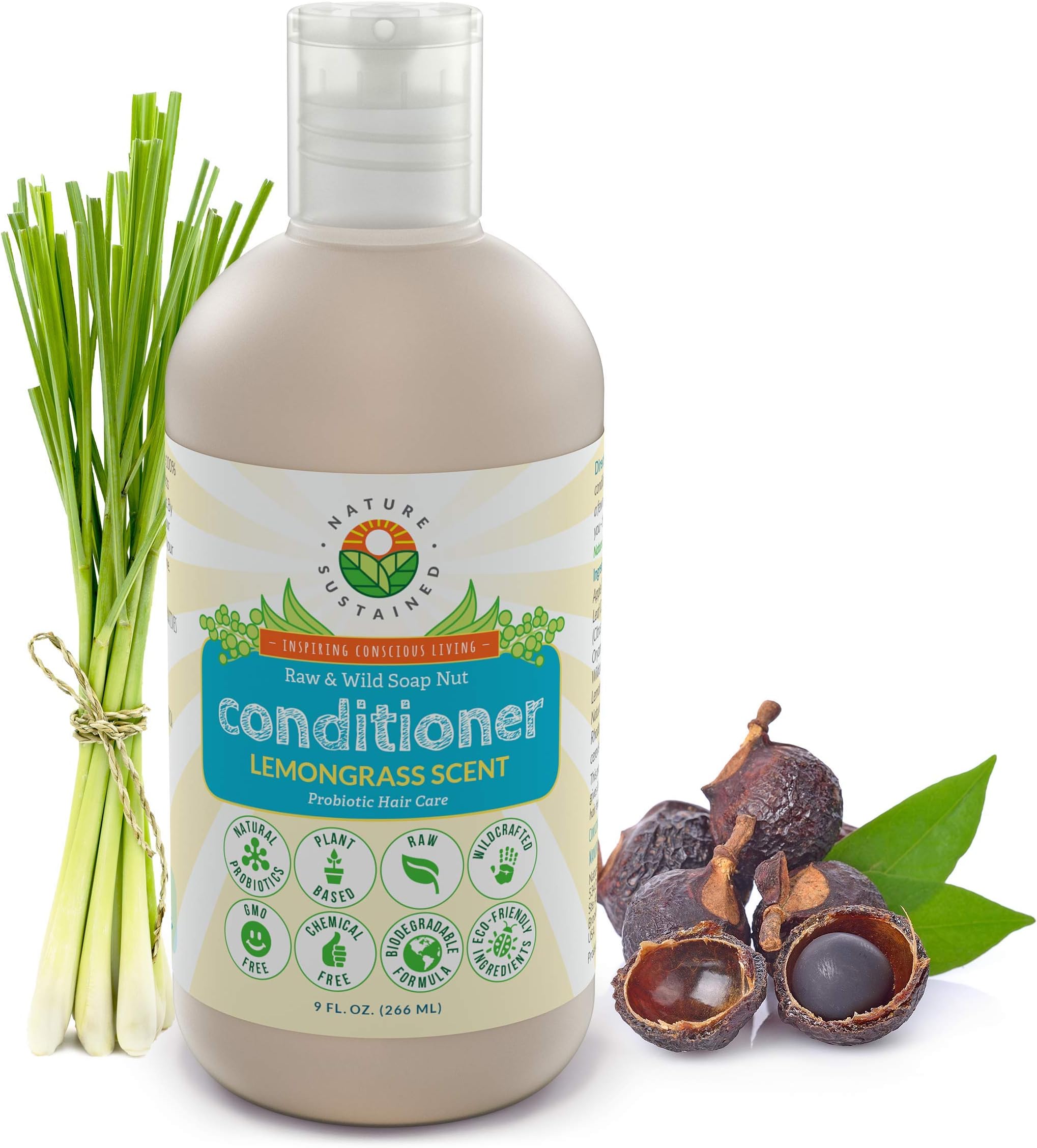 Hydrating Natural Conditioner - Lemongrass Moisturizing Organic Sulfate Free Conditioner - Raw Wildcrafted Probiotic Hypoallergenic Cleansing Conditioning Wash for All Hair - 9 Oz