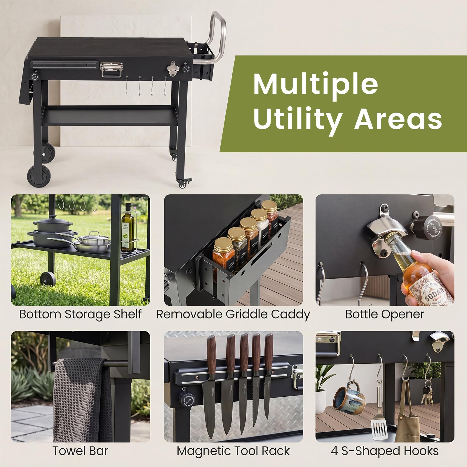 KOMFOTTEU Carrello Barbecue Portatile con 4 Ruote e Portautensili Magnetico | Carrello Cucina da Giardino con Ripiano Portaoggetti, Portaspezie, Apribottiglie e Ganci, 118x43x88 cm