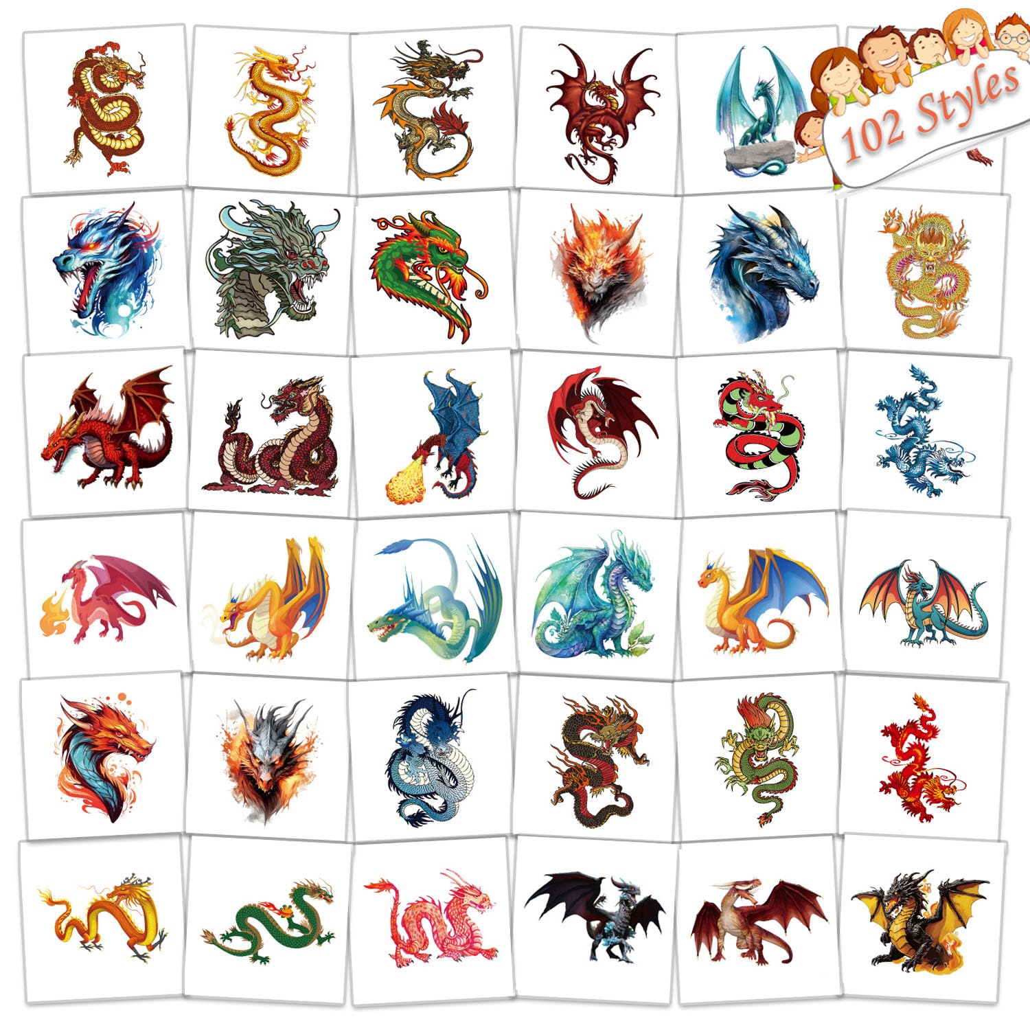 102 PCS Individually Wrapped Dragon Temporary Tattoo for kids - Dragon Temporary for Girls Boy Body Arm Shoulder Cute Tattoos Stickers, Birthday Party Supplies Gifts for Kids