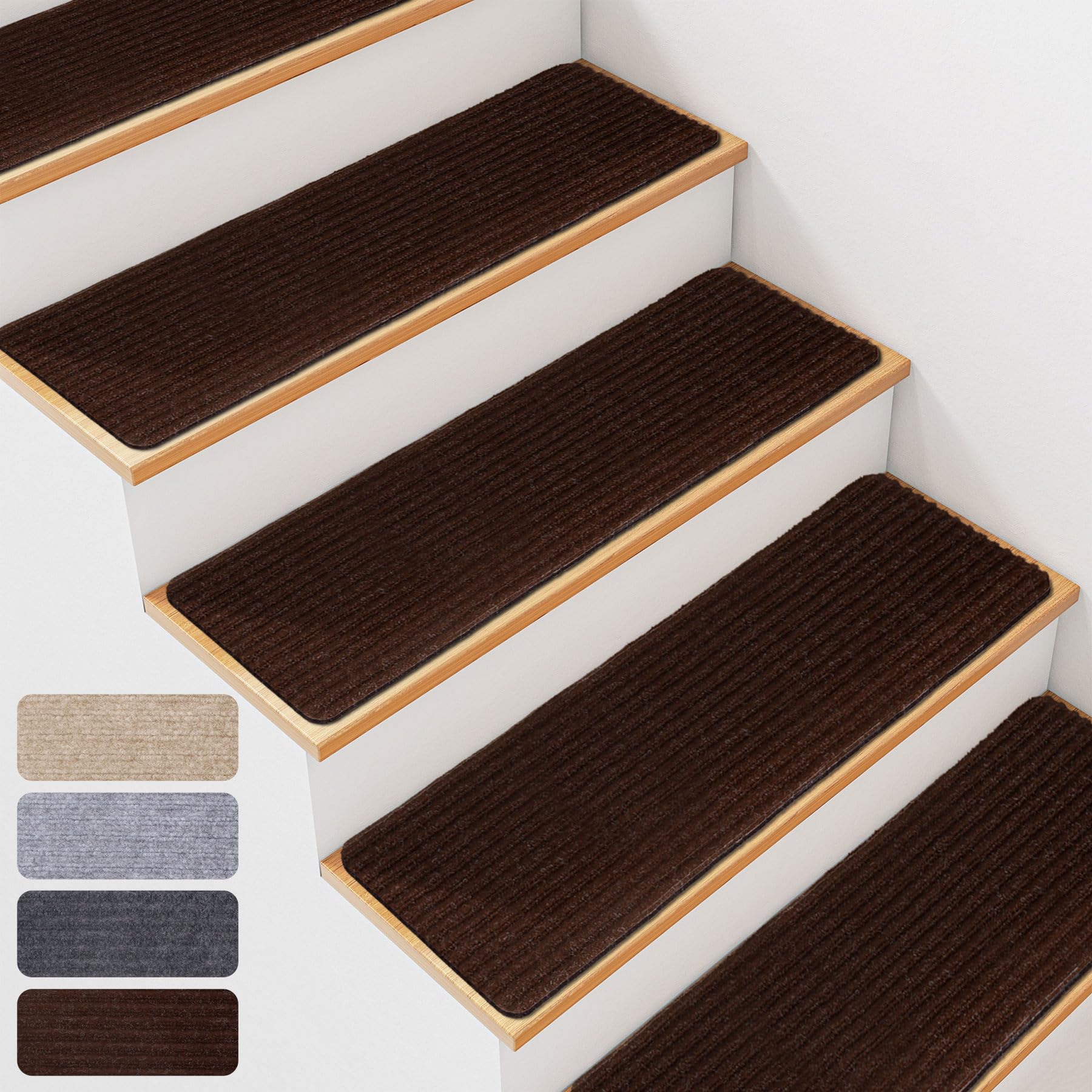 BREENHILL 15 PCS Non Slip Stair Treads for Wooden Steps – 20 x 76cm Indoor Non Slip Stair Treads, Carpet Stair Mats with Self-Adhesive Backing, Removable & Machine Washable – Brown