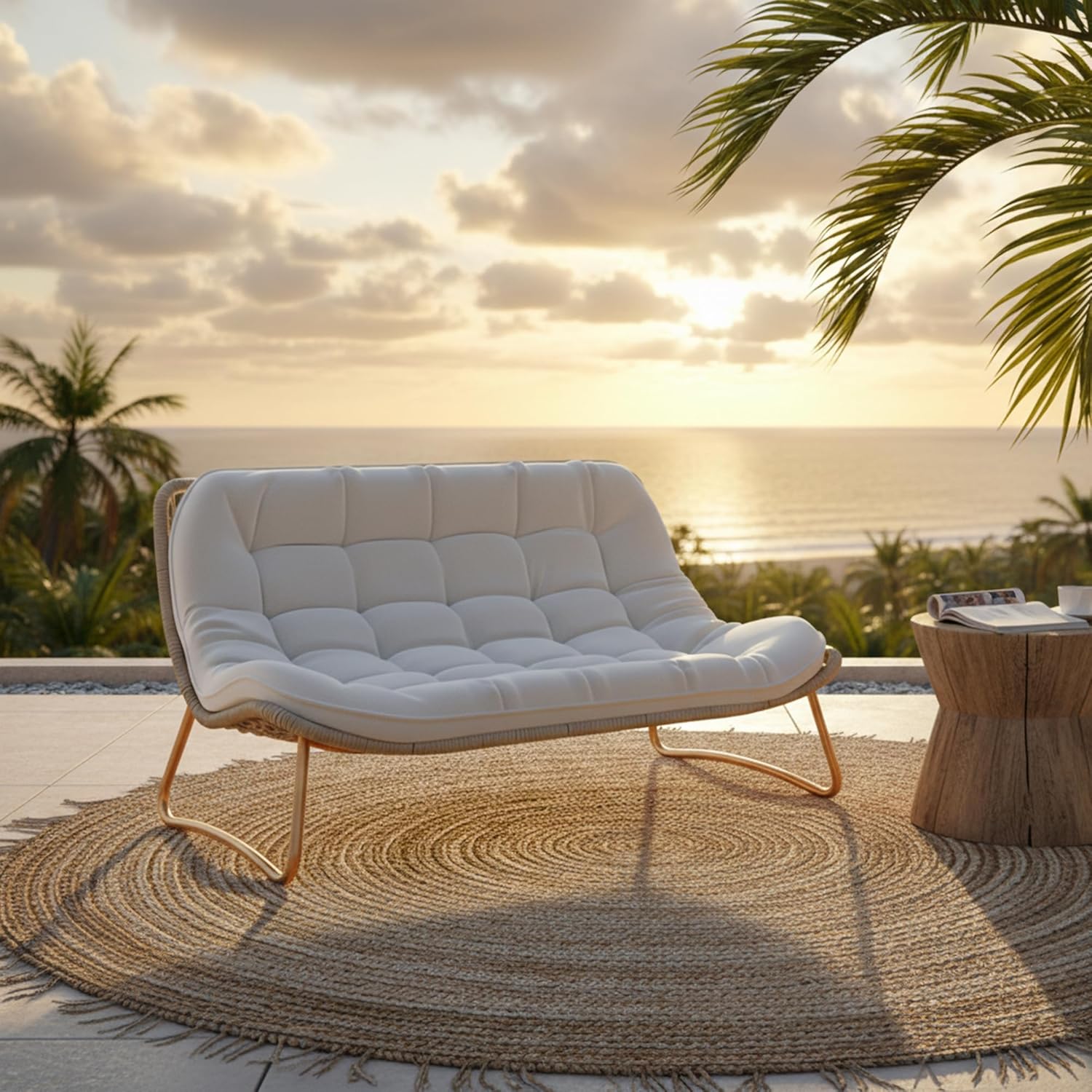 Kingdura Outdoor Wicker Papasan Egg Chair, Outdoor Loveseat, 2 Seater Oversized Patio Lounge Recliner with Thick Cushion, All-Weather Comfy Chaise Chair for Balcony, Porch, Pool & Indoor, Beige