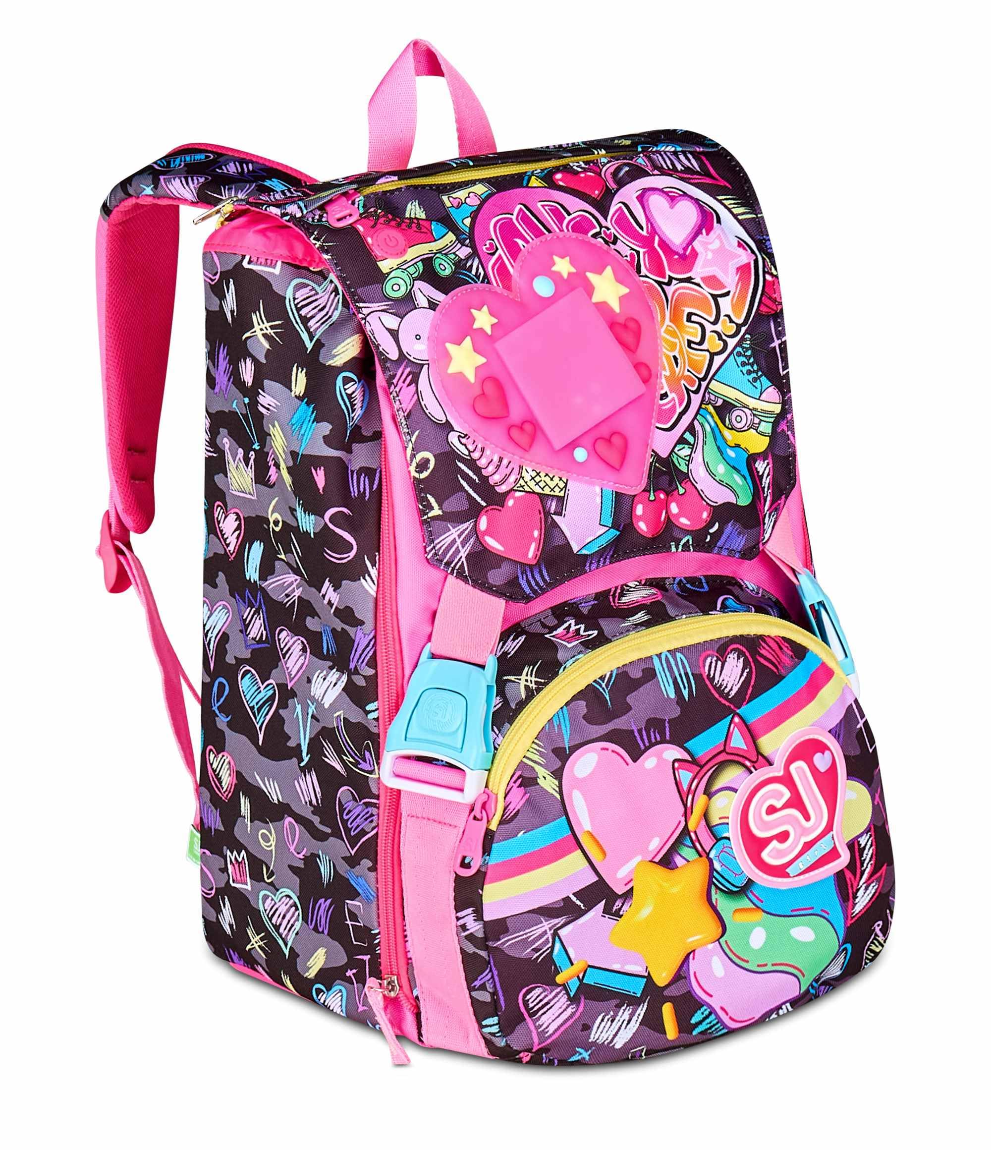 SJ GANG STYLE JAM GANG Zaino Scuola Estensibile Big, Fucsia, Zaino con Divisorio Interno, Tasca Superiore con LED Cuore, Tasca per Borraccia, 24 L, Zaino Scuola Elementare, Zaino Bambina
