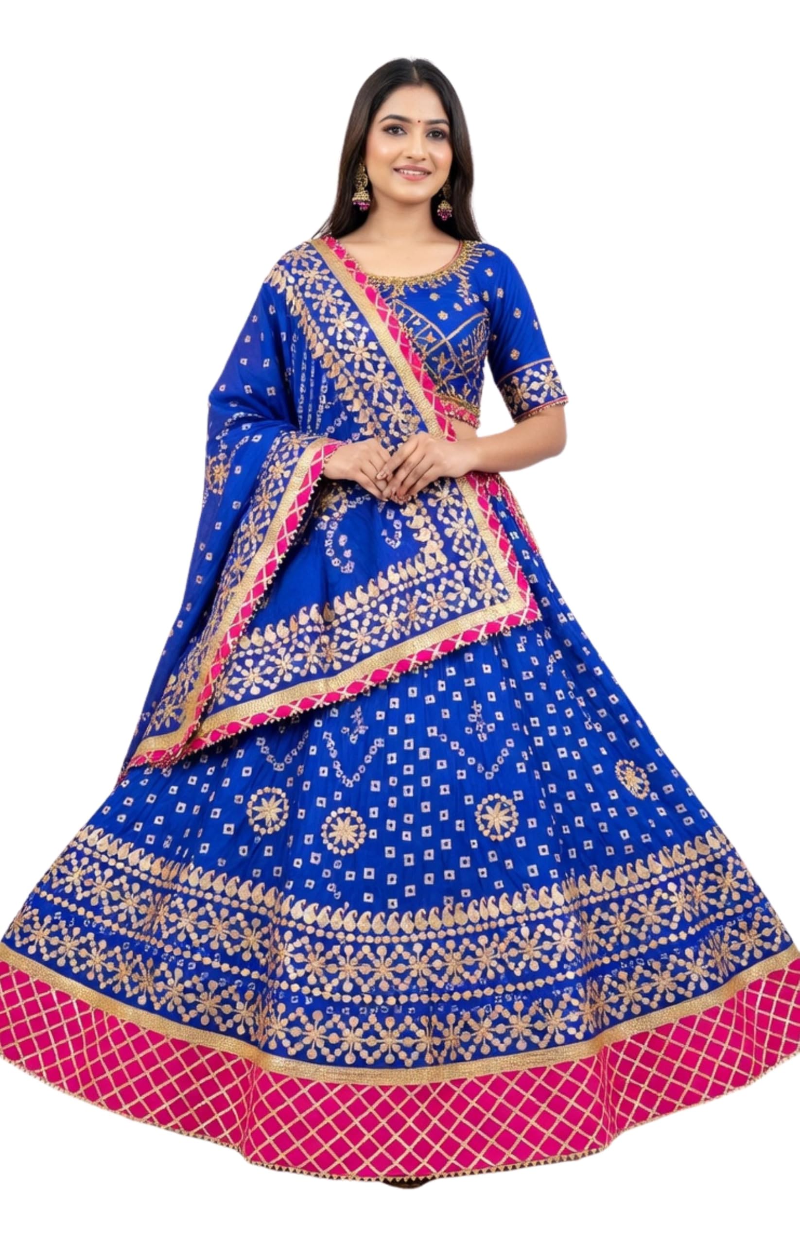 Women's Silk Bandhej Lehenga Choli with Gotta Patti & Aari Work Fully Stitched Lehenga with Blouse & Dupatta Traditional Bridal & Festive Use (Blue)-image-18