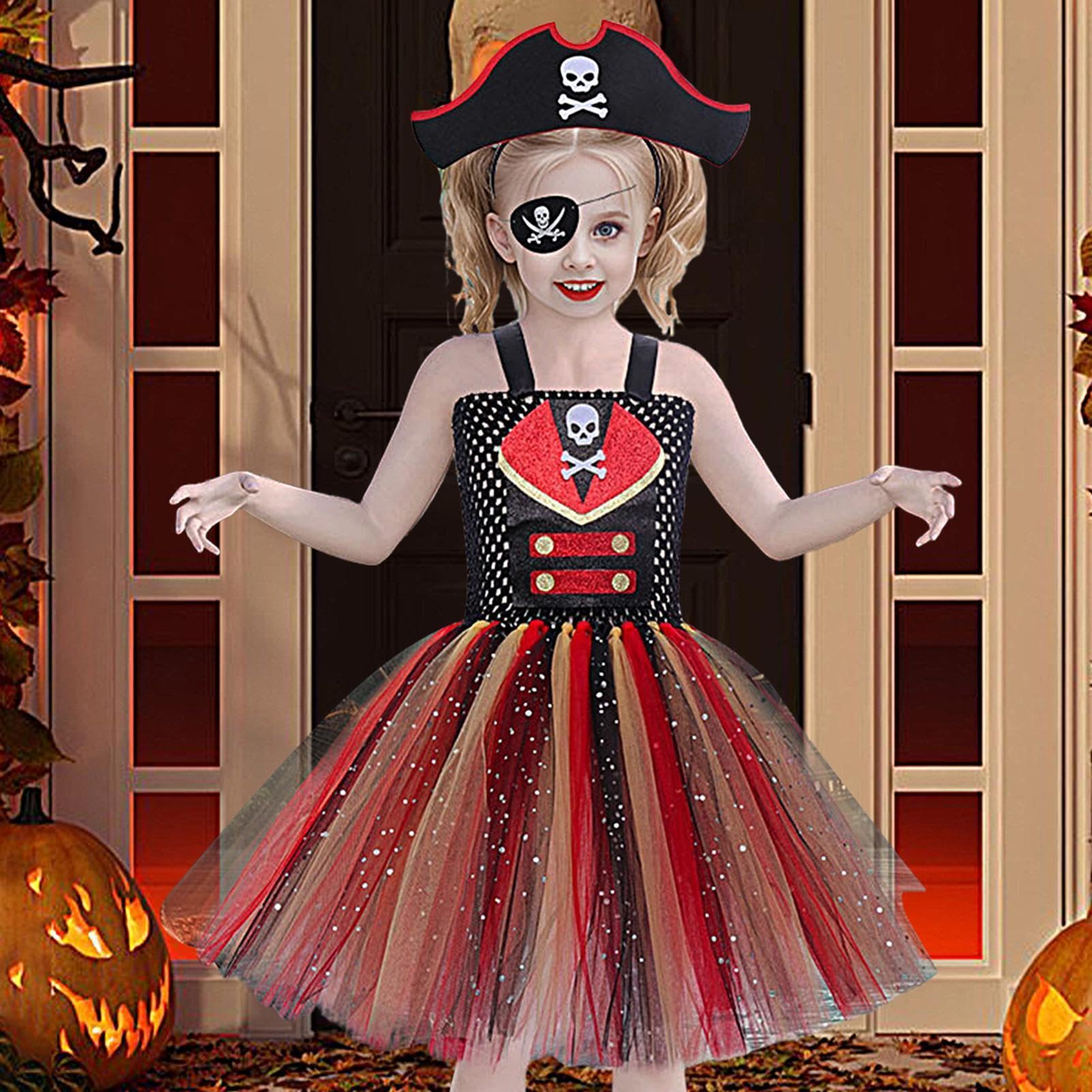 Costume da pirata per ragazze vestito da spettacolo teatrale di Halloween | Costume bucaniero di ruolo con fascia per ragazze 2-12 anni feste a tema spettacoli sul palco spettacoli scolastici riunioni