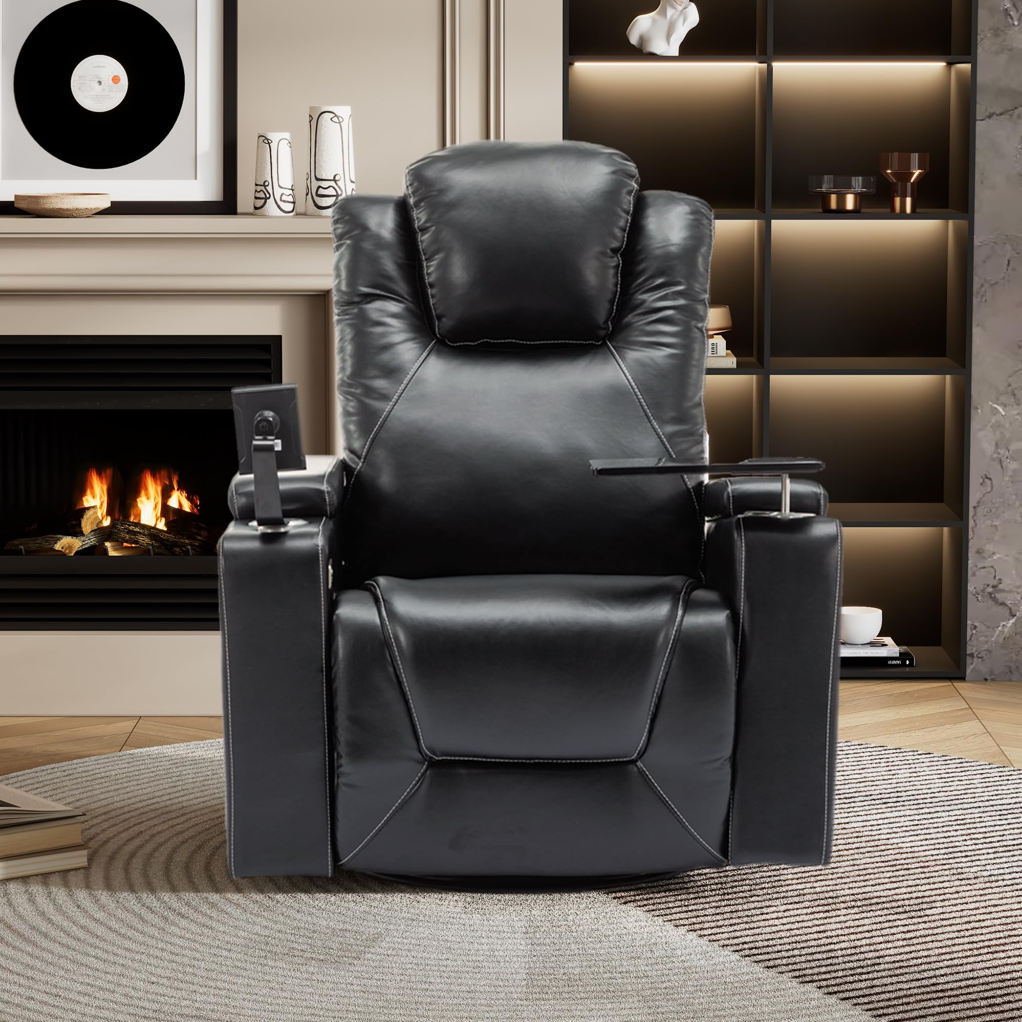 Merax 270 Degree Swivel PU Leather Power Recliner Individual Seat Home Theater Recliner with Surround Sound, Cup Holder, Removable Tray Table, Hidden Arm Storage for Living Room, Black