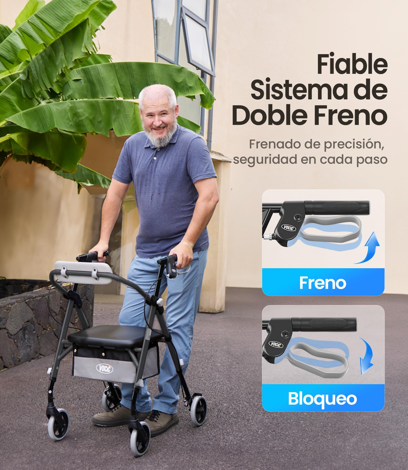 VOCIC Andador plegable ligero con asiento, 6,3kg Ultraligero, Max 150 kg | andador para ancianos con ruedas, asiento ergonómico, altura regulable, Walker estrecho para apartamento & viajes, negro