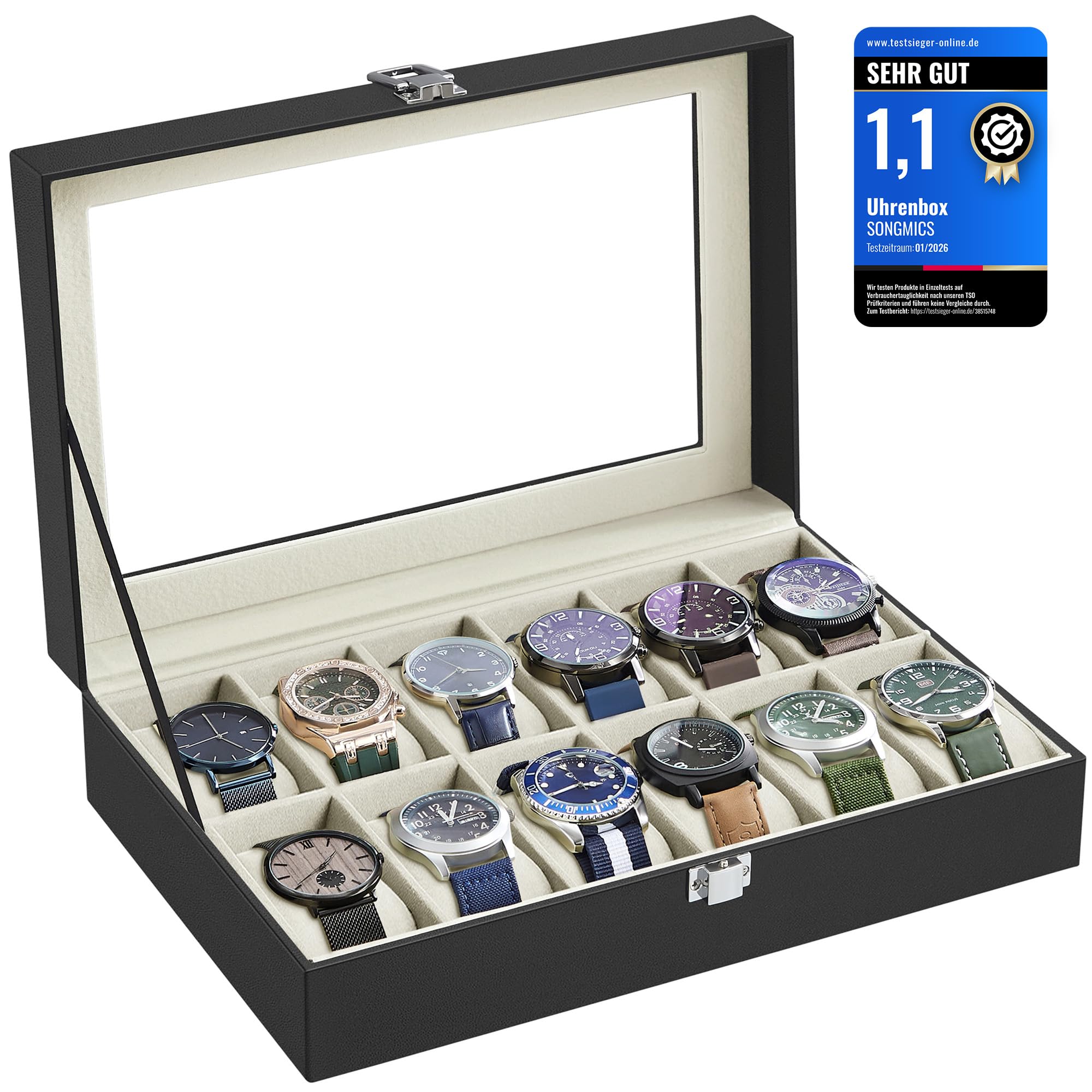 SONGMICS Uhrenbox mit 12 Fächern, Uhrenkasten, Glasdeckel, Uhrenkoffer, herausnehmbare Uhrenkissen, Metallverschluss, Geschenkidee, PU-Bezug in Schwarz, Samtfutter in Grünbeige JWB12BE