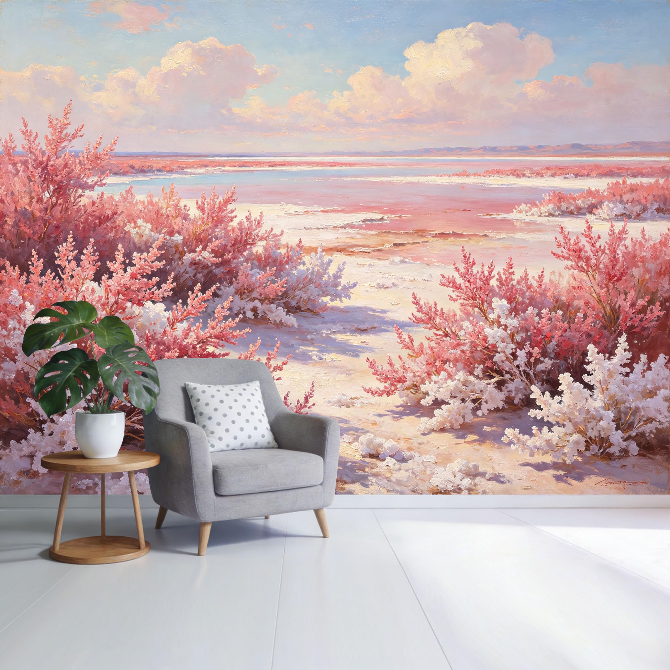 Custom Size Wall Mural Pink Coastal Landscape with Blooming Salt Lake Shore Pastel Sunset Sky SelfAdhesive Wall Fabric Removable Wallpaper for Home Office Decor