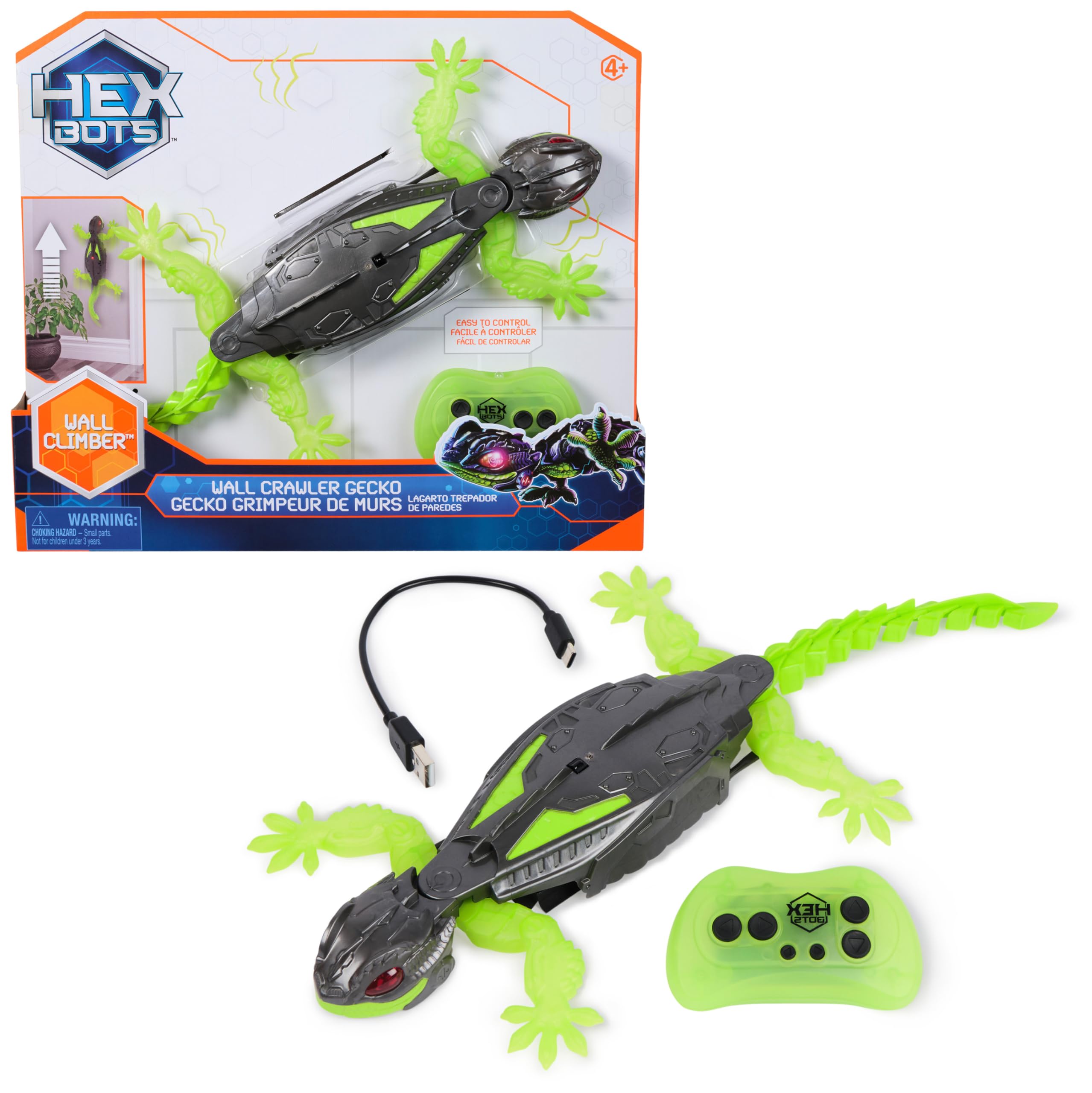 Hex Bots - Gecko Radiocommandé Qui Rampe Sur Le Sol Et Les Murs - Lézard Télécommandé Avec Yeux Lumineux - Pilotage Facile - Câble USB Inclus - Jouet Enfant 4 Ans et +