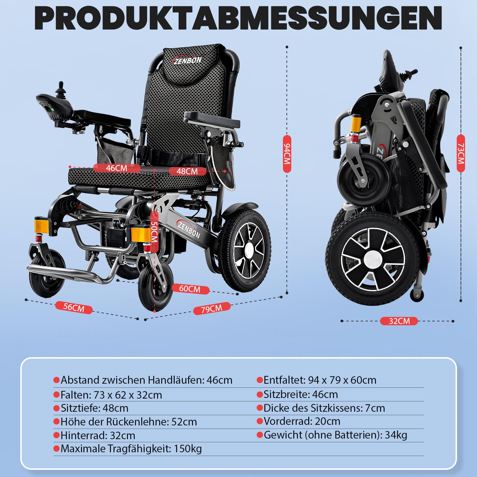 Rollstuhl Elektrisch Faltbar: 700W Elektrorollstuhl bis 150KG - 35KM Elektrischer Rollstuhl mit Automatische Klappfunktion und Fernbedienung