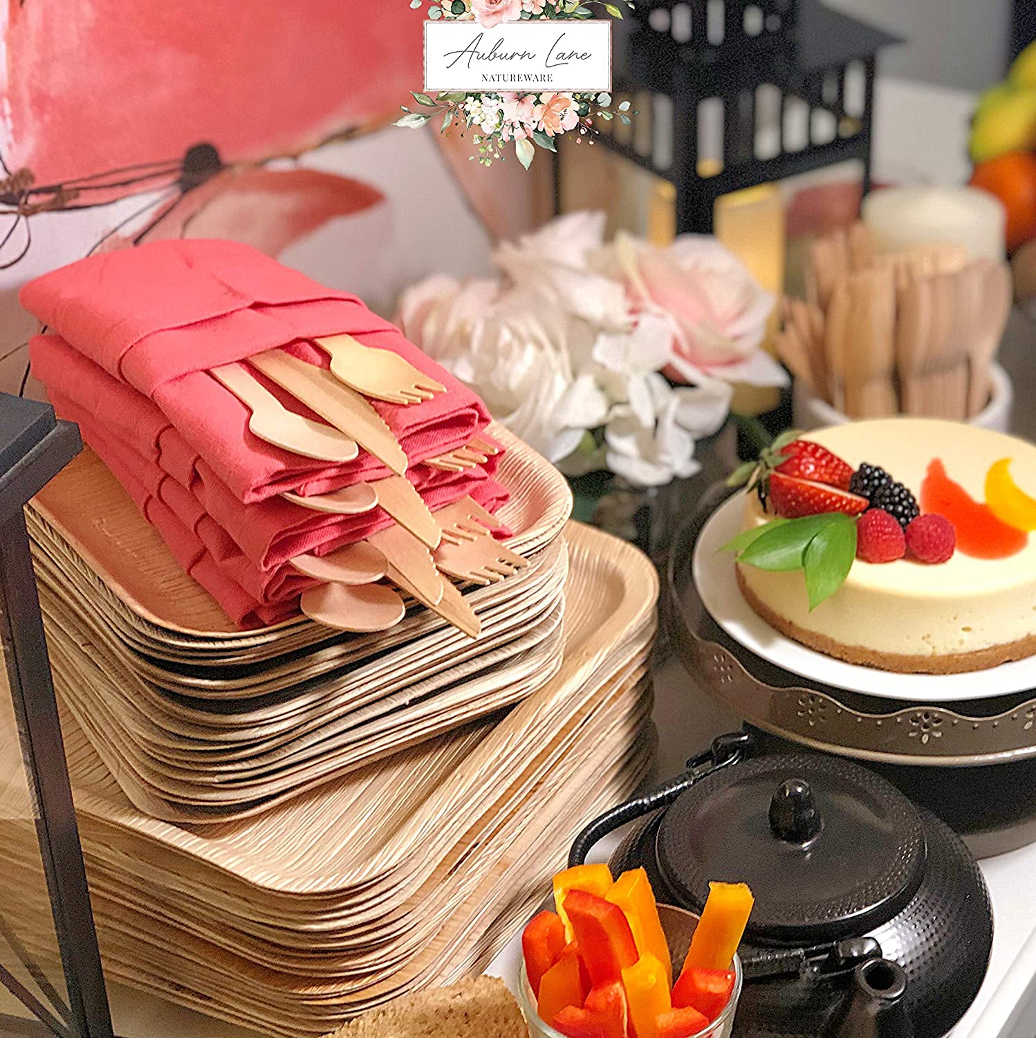 150 Pièces Vaisselle Jetable en Palmier 50x Assiettes, 75 Couverts en bois bambou(fourchette + couteau + cuillere) -25 Gobelets, Assiettes en Feuilles de Palmier Compostable & Neutre