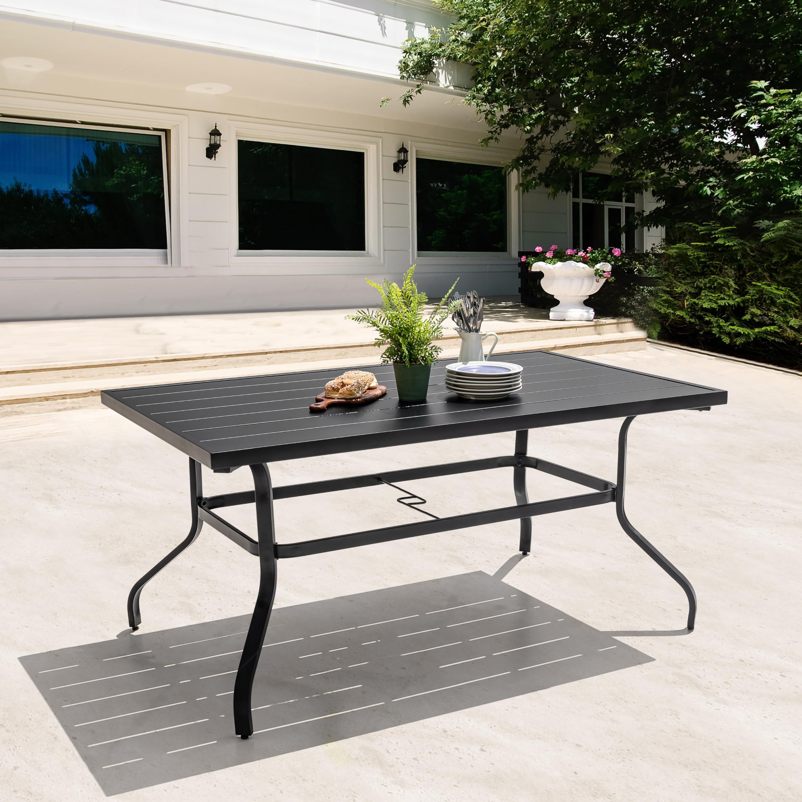 NUU GARDEN Outdoor 61" x 37" Rectangle Dining Table with 1.57" Umbrella Hole, 6-Person Steel Slat Outdoor Patio Table, for Patio, Garden, Backyard and Balcony, Black