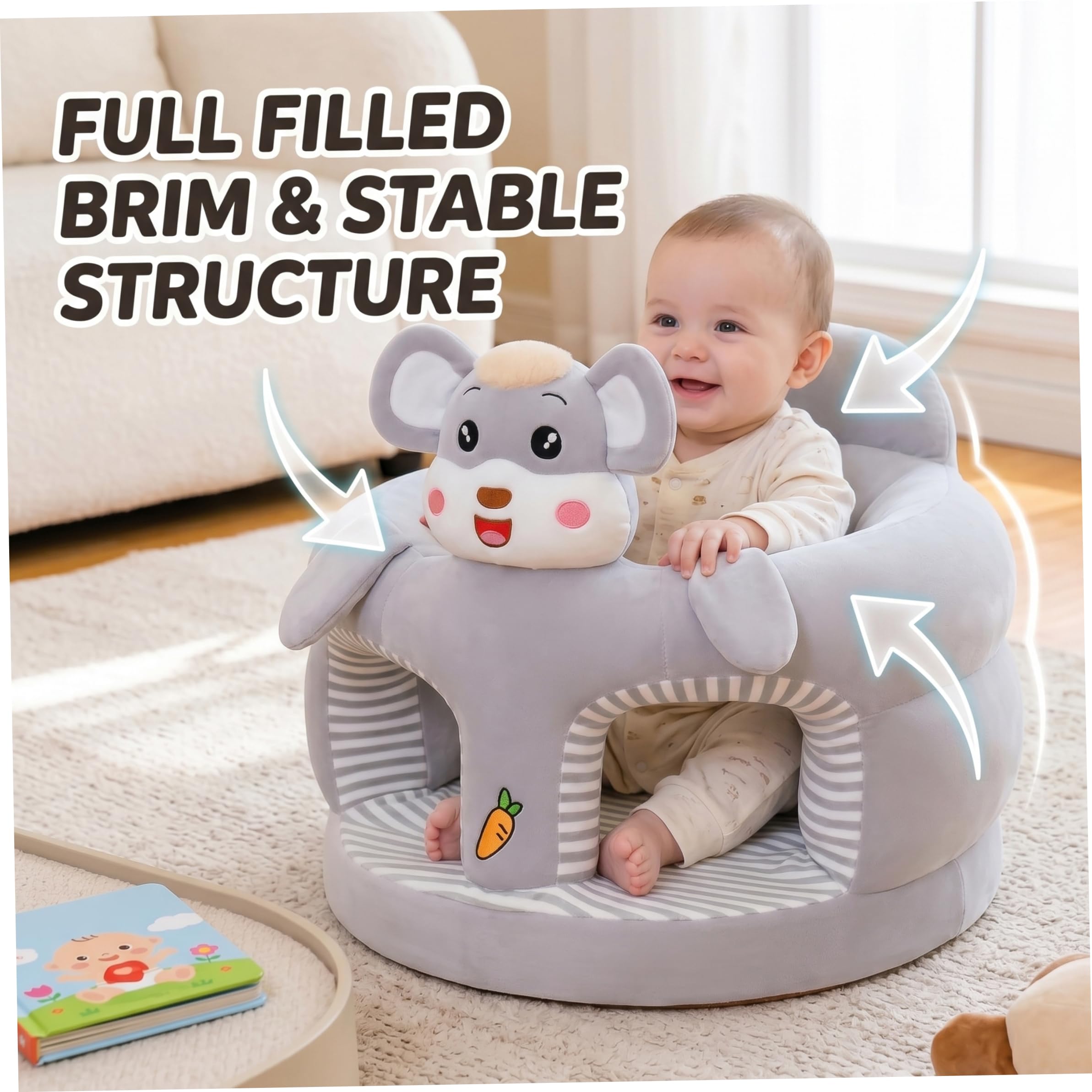 Silla para sentarse para bebé, asiento de suelo con dibujos animados bonitos de felpa para sentarse para bebé, soporte para suave y agradable para la piel, asiento de suelo gris para