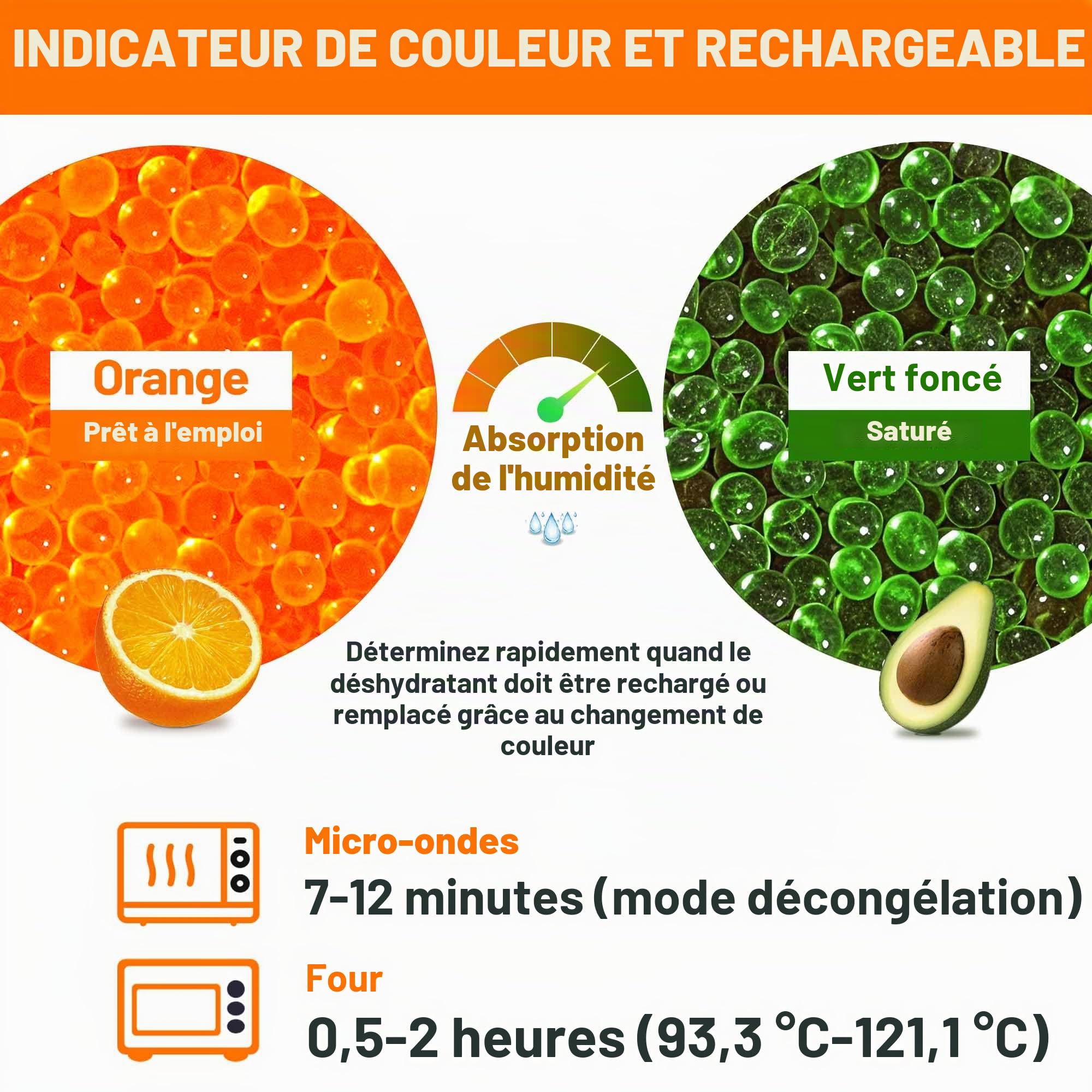 Perles Déshydratantes de Silice Orange 907G, Perles Gel Silice Indicatorices Réutilisables, Perles Déshydratantes de 3-5mm pour Filament 3D & Appareils Électroniques (10 Sacs Organza Inclus)