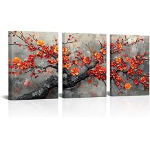 AoArtWZ Plum Flowers Canvas Wall Art Red Cherry Blossom Tree Painting Prints Botanical Floral Wall Decor Modern Artwork for Bedroom Bathroom Kitchen Framed