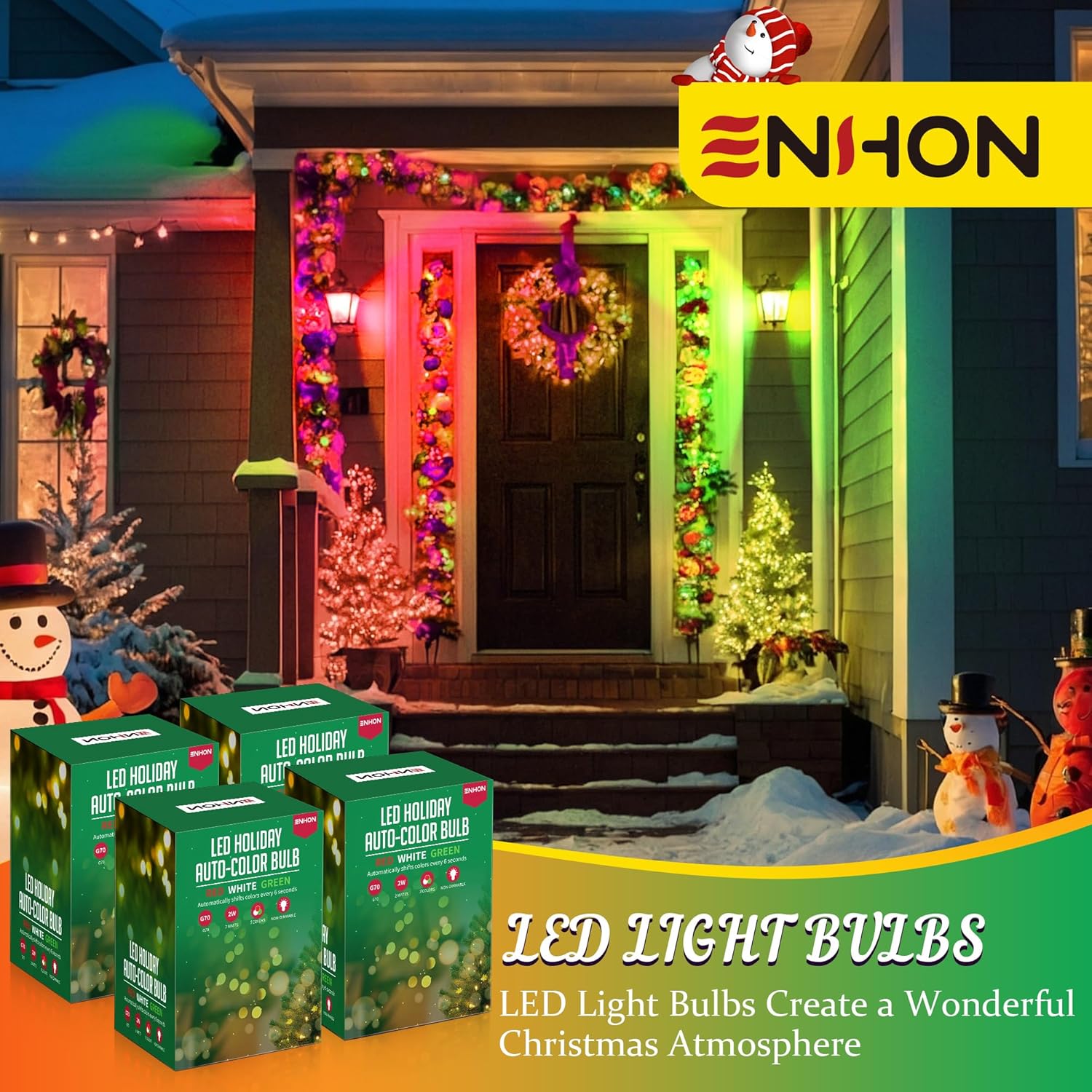 Enhon 2W LED Globe Bulb, Automatic Color Changing Red/Green/White Every 6s, G70 E26 Base, Energy-Saving Decorative Light for Christmas, Holiday Party, Porch, Indoor & Outdoor Decor(4 Pack)