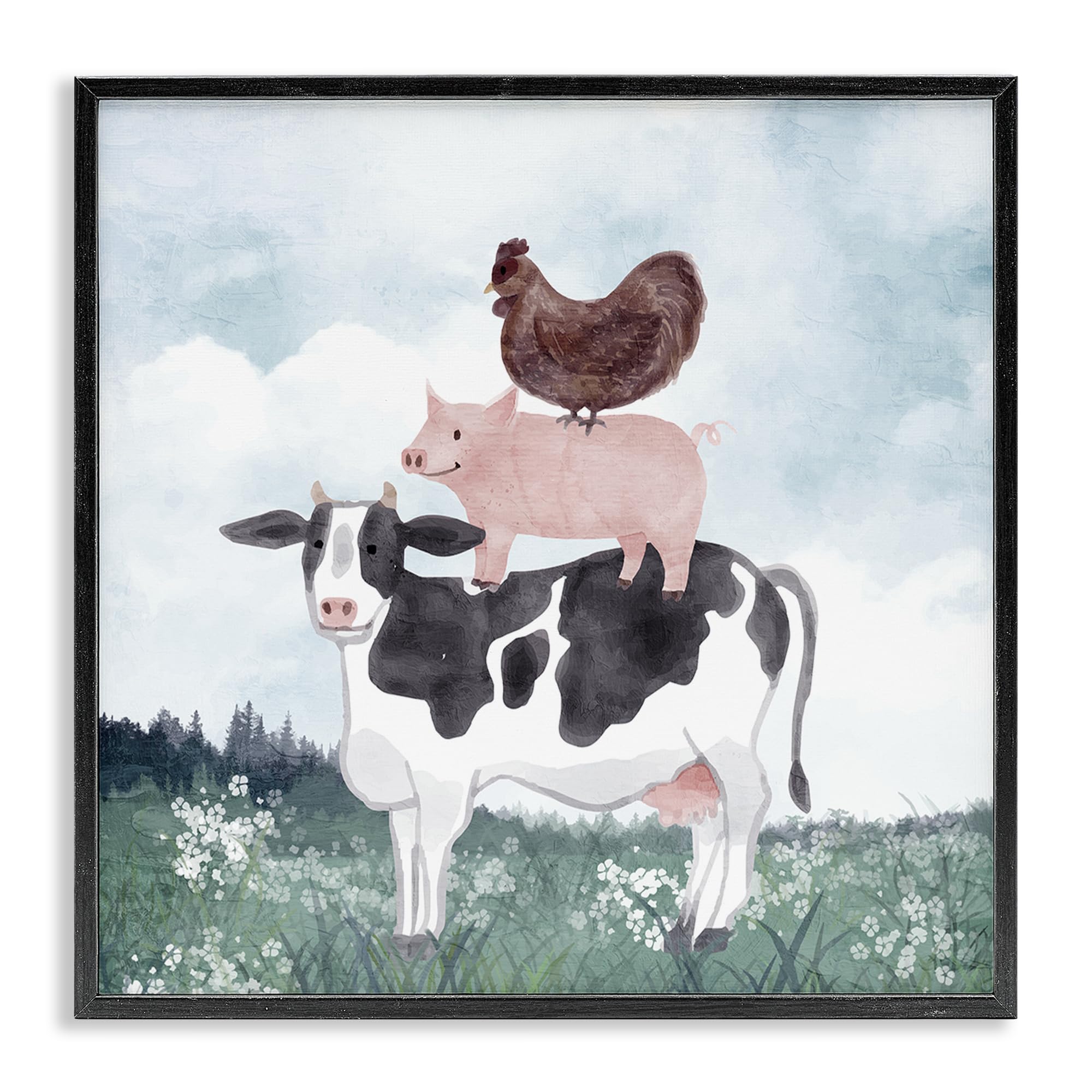 Muted Stacked Farm Animals Nursery, 17 x 17 Inch Framed Giclée Print