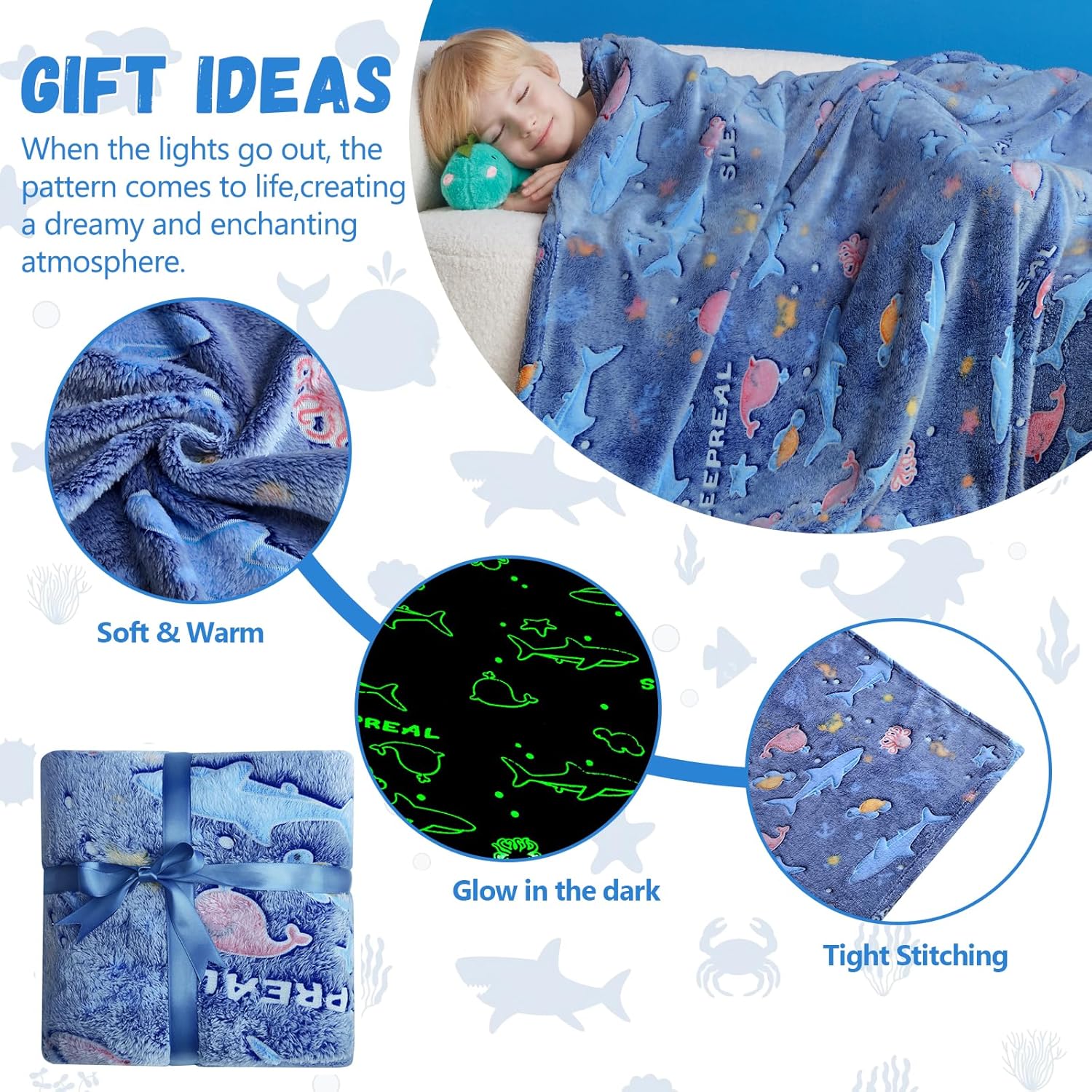 Valentines Day Gifts for Boys,Ocean Whale Gifts Toys for Boys Girls, Glow in The Dark Blanket Gifts Decor for Kids Age 3-14 Year Old Teen Child Toddler Luminous Bedroom Throw Blanket 50"x60" - Image 5