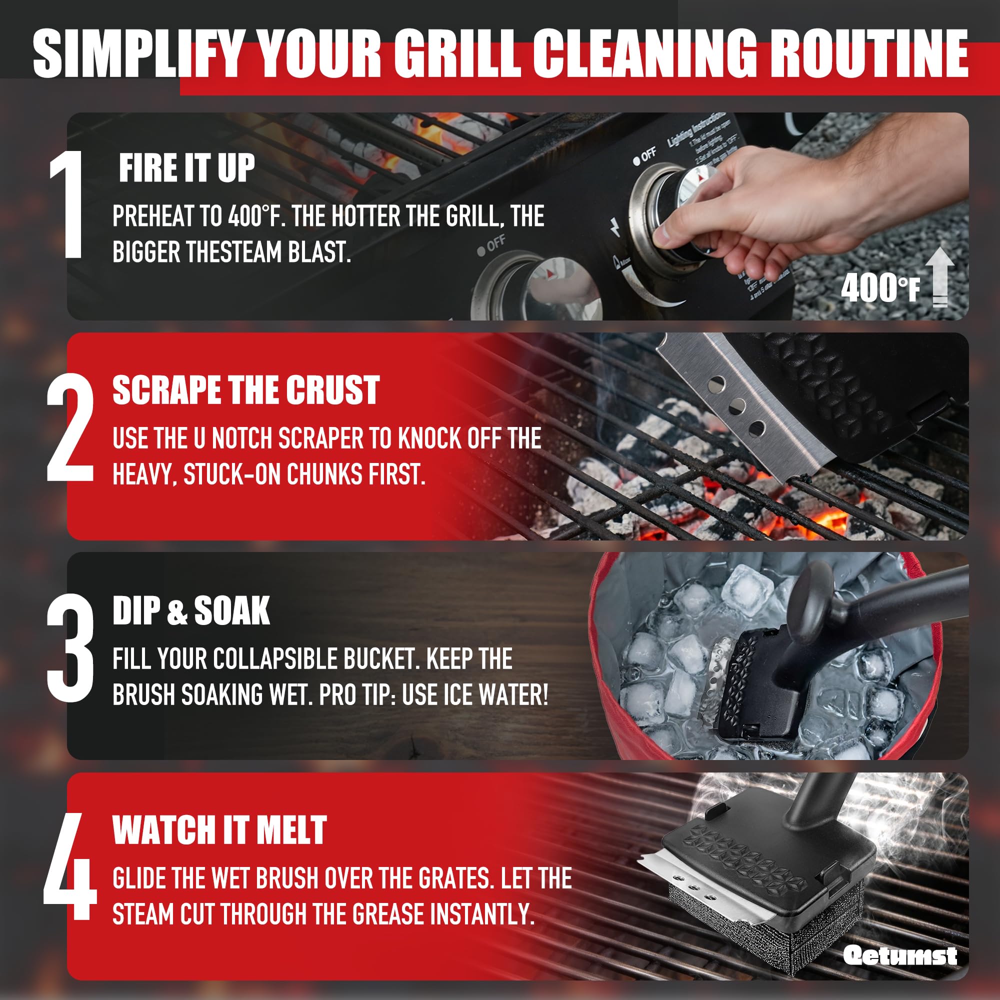 Qetumst Spazzola per griglia senza setole con secchio pieghevole, kit di pulizia per barbecue a vapore e raschietto 3 in 1, testa extra sostituibile, accessori sicuri per esterni per griglie in ghisa