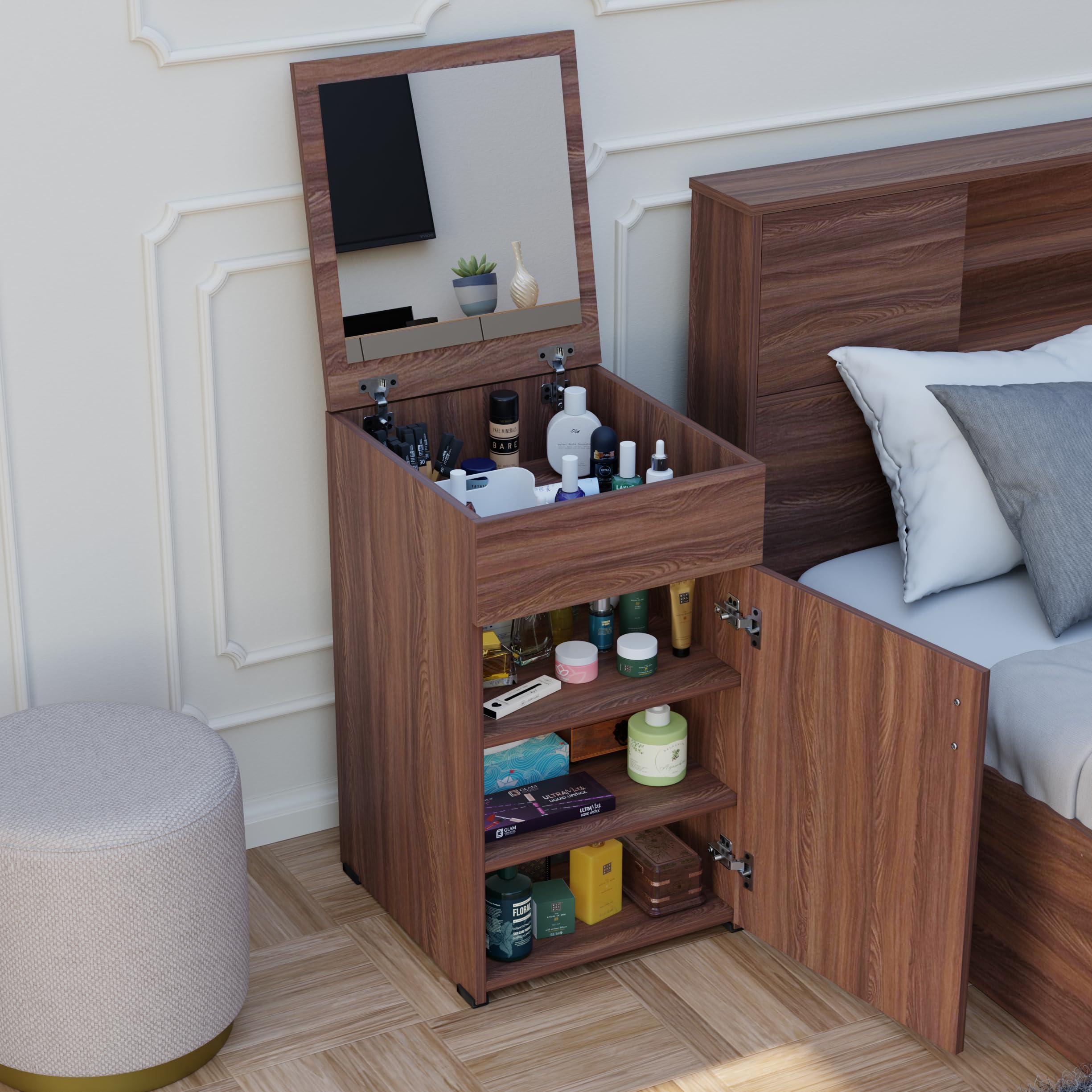 FURNIFLIX Engineered Wood Dressing Table with Mirror Vanity Table for Bedroom Living Room and Home Dressing Table with Storage - Walnut Finish-image-46