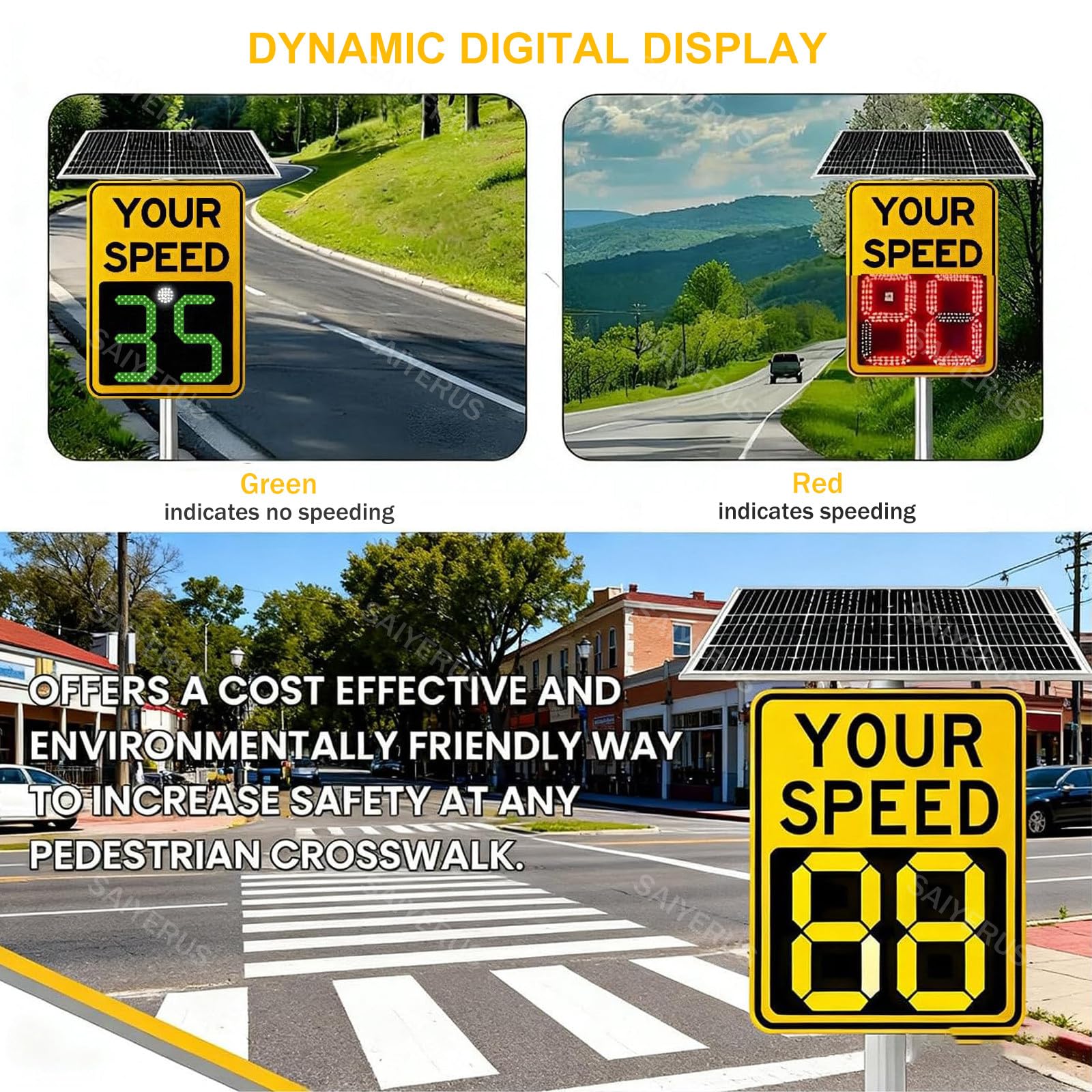 Señal de velocidad de radar solar, pantalla LED de advertencia de tráfico con control remoto, detector de velocidad de 1 a 199 mph para seguridad vial, señal de retroalimentación de límite de
