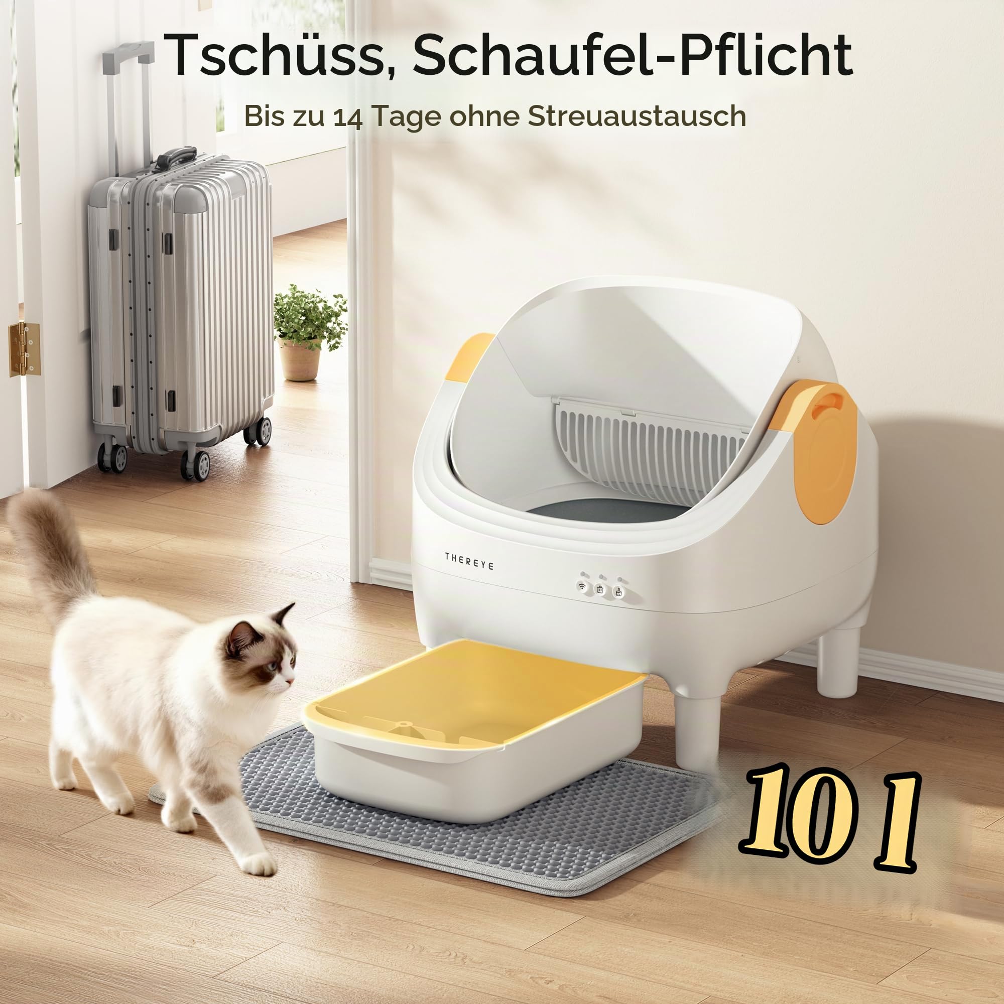 Thereye Selbstreinigende Katzentoilette XXL Kapazität,Katzenklo Selbstreinigend Offenes mit App-Steuerung,Sicherheitssensor,Geruchsbeseitigung,Sicherer Einklemmschutz,10L Mülleime für mehrere Katzen