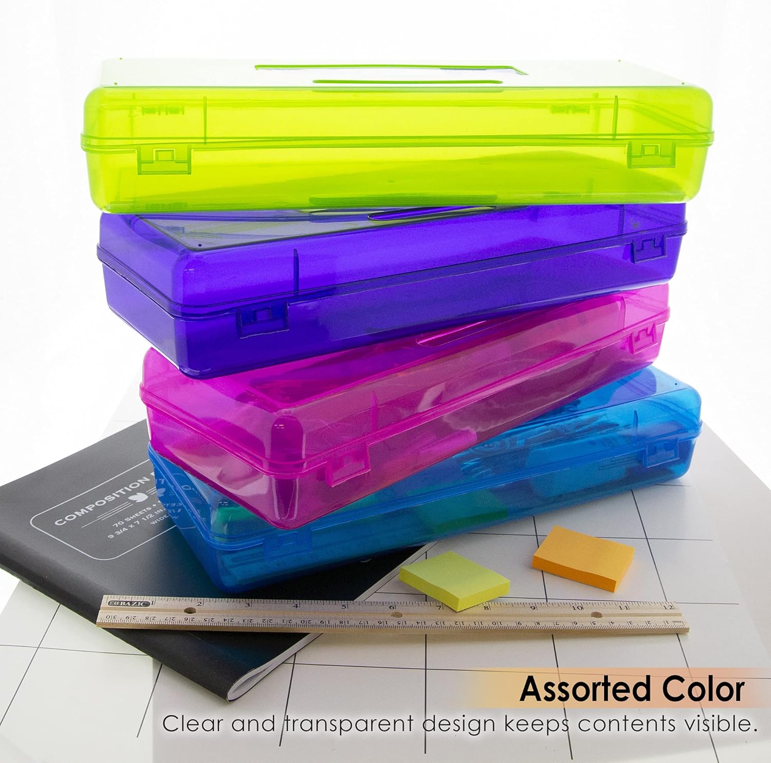 BAZIC PRODUCTS Plastic Pencil Case, Ruler Length Utility Storage Box, Multi Purpose Organizer & Supply Holder, Transparent Box Design, Assorted Color, Ideal for School, Office & Craft Use, 4-Pack