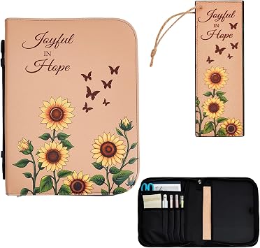 Bible Cover Case with Tabs and Bookmark, Large Leather Sunflowers Bible Case Bag, Diary Book Cover with Handle Zipped for Men Women Bibles Study Kit Supplies 11.2 * 7.9in