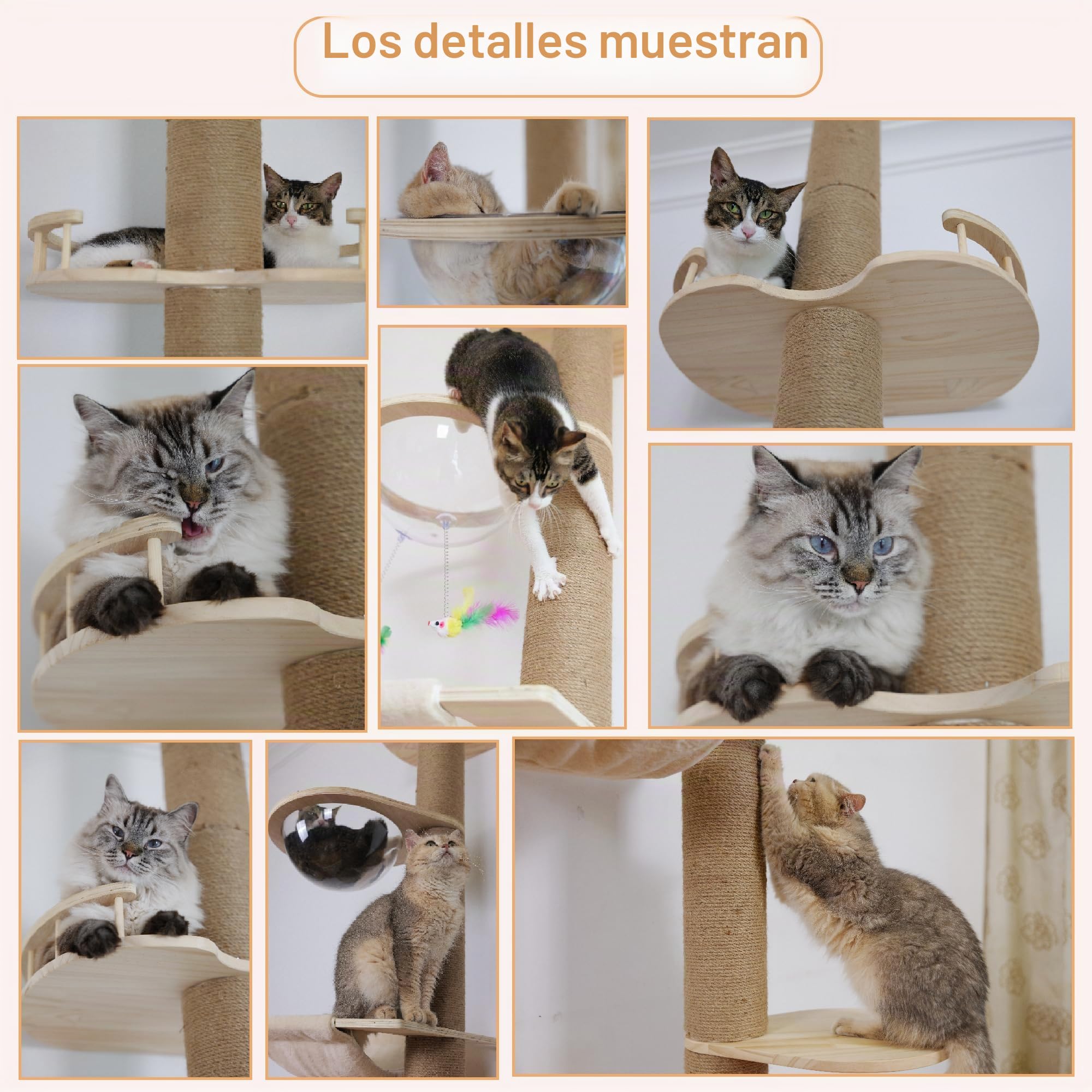 Árbol rascador para gatos de piso a techo, altura (127-304,8 cm), ajustable, 5 niveles de cáñamo, árbol rascador alto, árbol robusto para gatos para interiores y exteriores