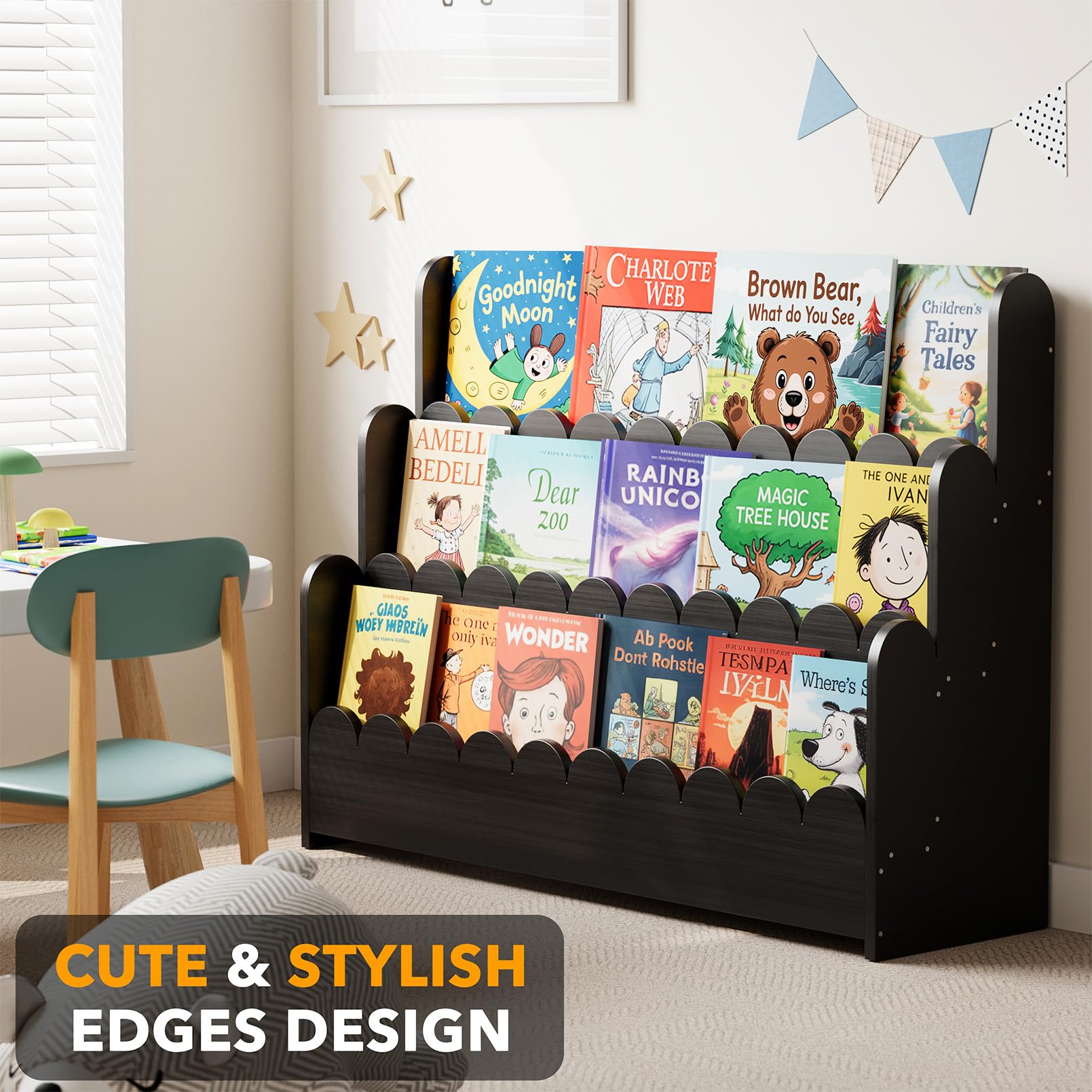 SpaceAid 3-stöckiges Montessori-Bücherregal, gewelltes Holz-Bücherregal für Kleinkinder, Organizer, Präsentationsmöbel für Kinderzimmer, Spielzimmer, Klassenzimmer, 93,2 cm breit, Schwarz
