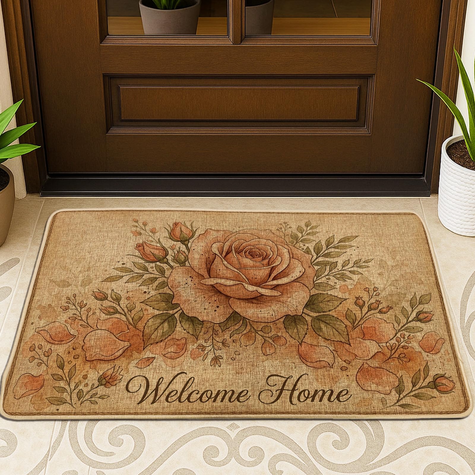 Paillasson anti glissade extérieur rustique beige à motifs feuilles de porte