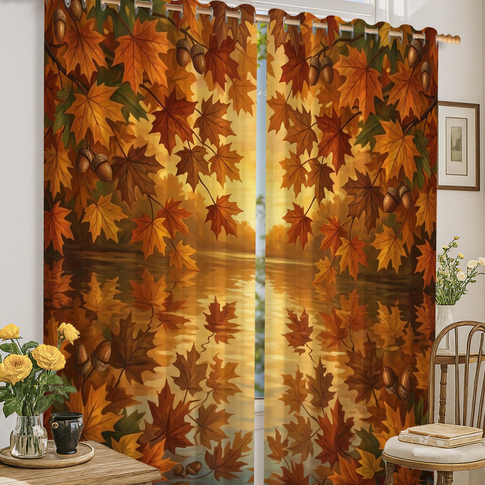 Rideaux occultants orange automne motif feuilles d'érable pour déco salon 132x160cm