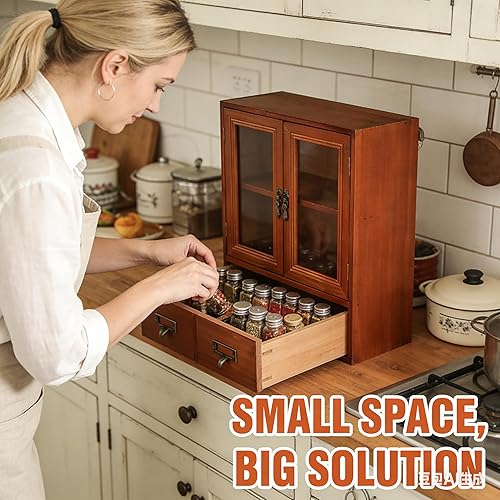 Miniatura 9 de Mini gabinete rústico vintage para encimera de pino, 12 pulgadas de largo x 4.7 pulgadas de ancho x 14 pulgadas de alto con 2 puertas y 2 cajones