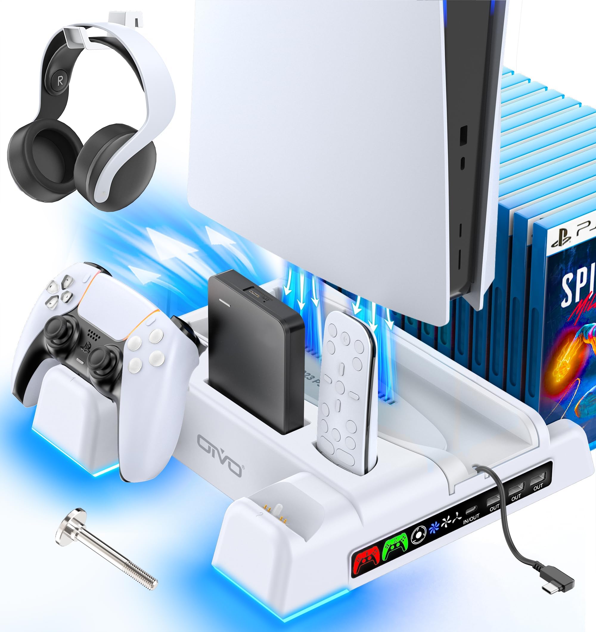 OIVO PS5 Cooling Stand with Charging Station, Dual Controller Charger, 12 Game Slots, Air Suction Cooling, LED Indicators, Variable Speed Fan