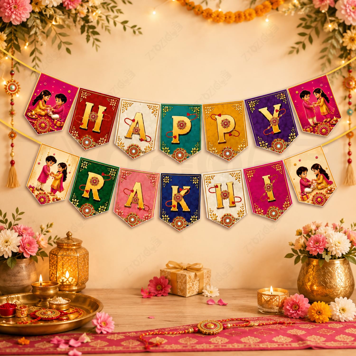 Zyozique 2 Pieces Happy Rakhi Paper Banner Decorations Kit | Raksha Bandhan Hanging Paper Banner with Curling Ribbon | Rakhi Party Decorations for Home, Office, School, Puja, Family Celebration |-image-45