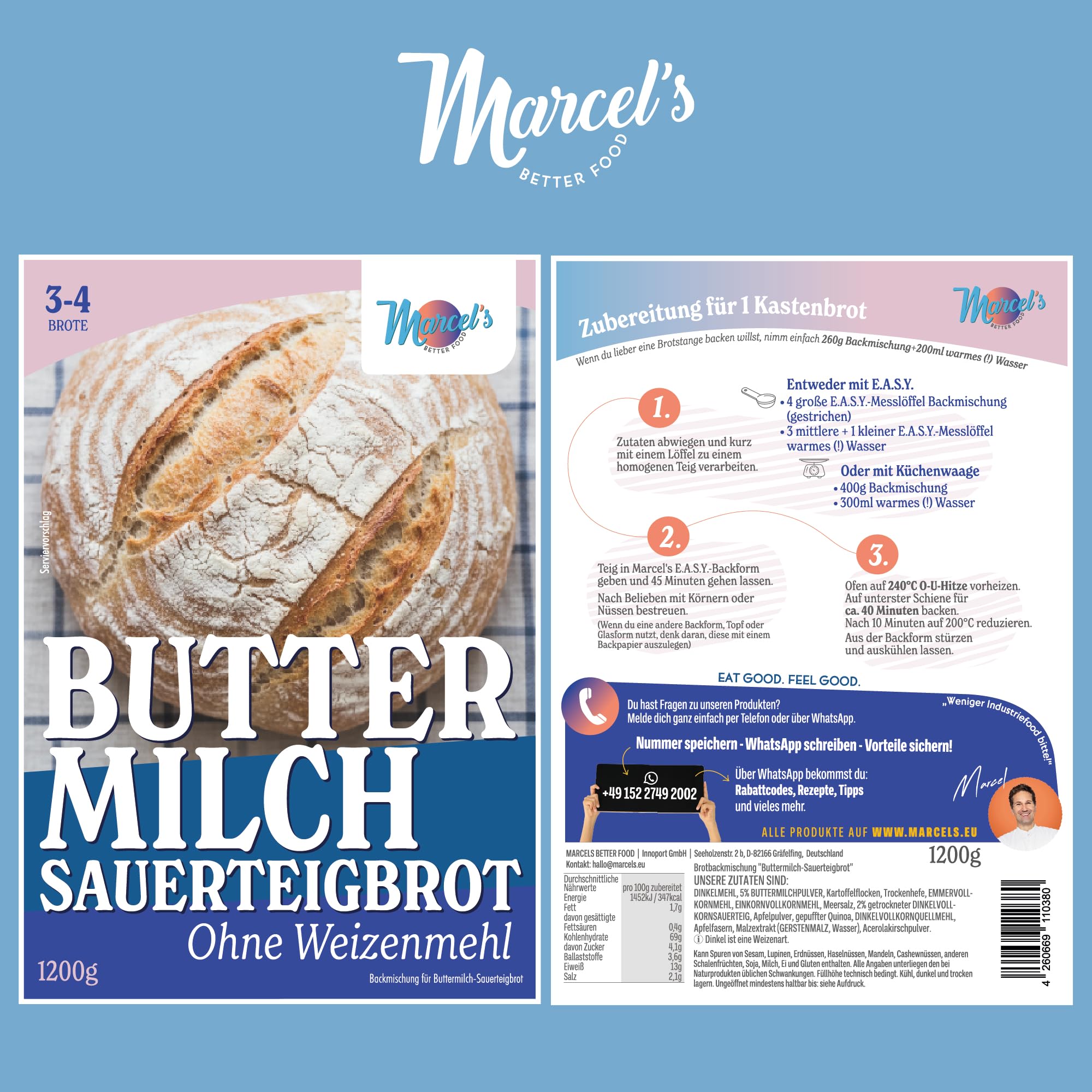 Marcel's Buttermilchbrot - Sauerteigbrot ohne Weizenmehl (1200g für 3-4 Brote) | Brotbackmischung mit Sauerteig & Roggenmehl | Saftig & leicht verdaulich | In 1 Minute zubereitet