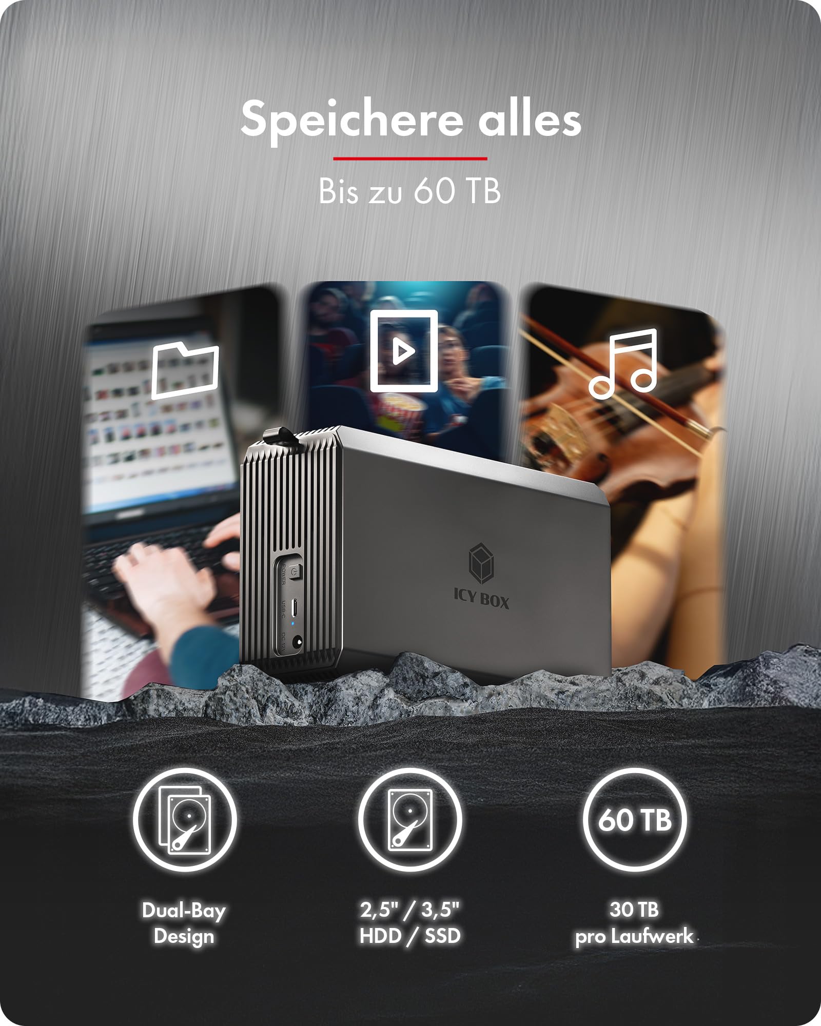 ICY Box (système Raid pour 2 disques durs/SSD 2,5"/3,5") USB 3.2 Gen 1 Type-C 5 Gbit/s, Raid 0/1/SINGLE/LARGE, Ventilateur intégré de 50 mm, indicateur d'état LED, IB-RD3720-CU3