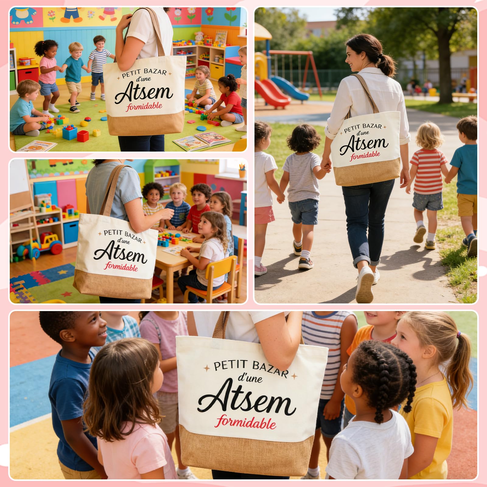 Sac Cabas Merci Atsem Maternelle Grande Capacité Toile Cadeau Enseignante