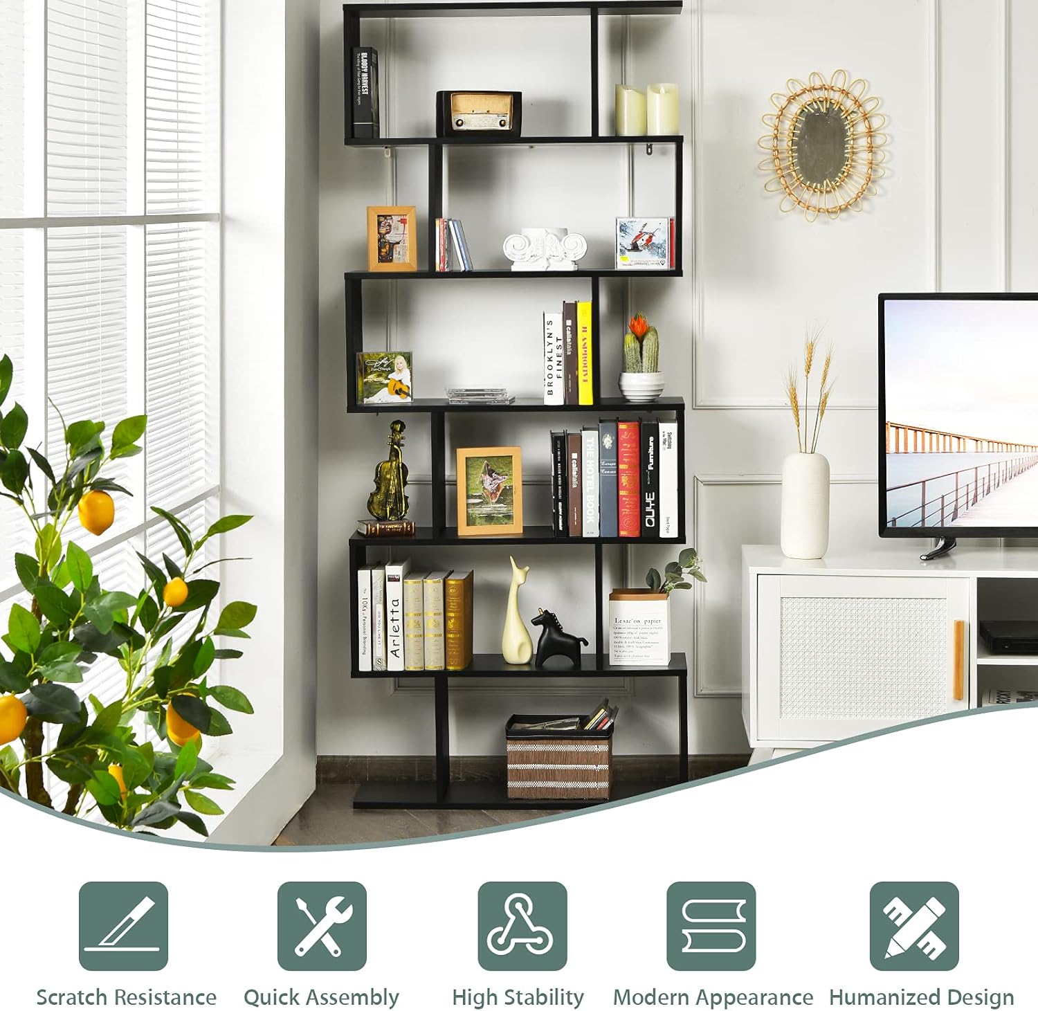 Tangkula 6 Tier S Shaped Bookshelf, 31.5''L x 9''W x 75''H, Wooden Bookcase and Bookshelves w/Anti-Toppling Device, Room Divider Display Shelves for Living Room, Home Decor, 6 Shelf Bookshelf